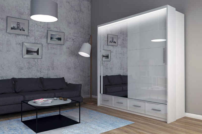 Compleo Kleiderschrank MONO mit Schubladen, Schrank mit Spiegel, mit Hochglanz, LED
