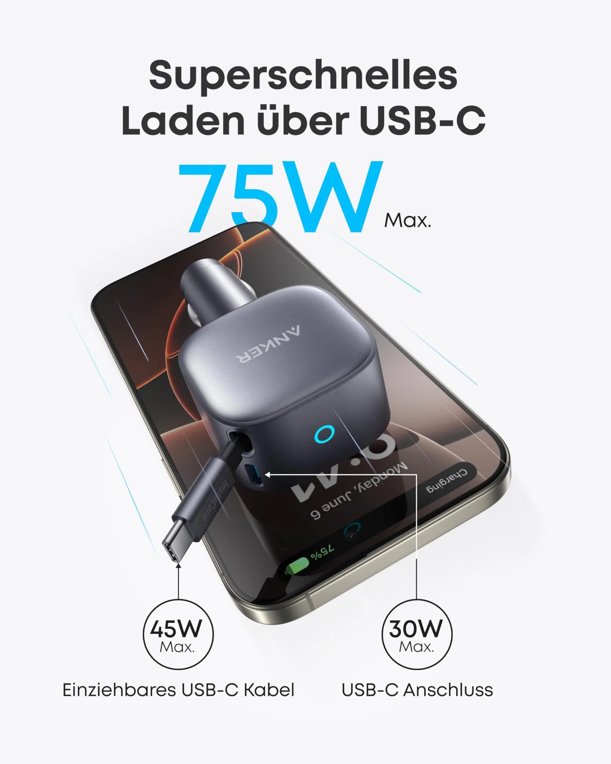 Anker A2610 Ladestation (75W Kfz-Ladegerät mit USB-C, integriertem Kabel)