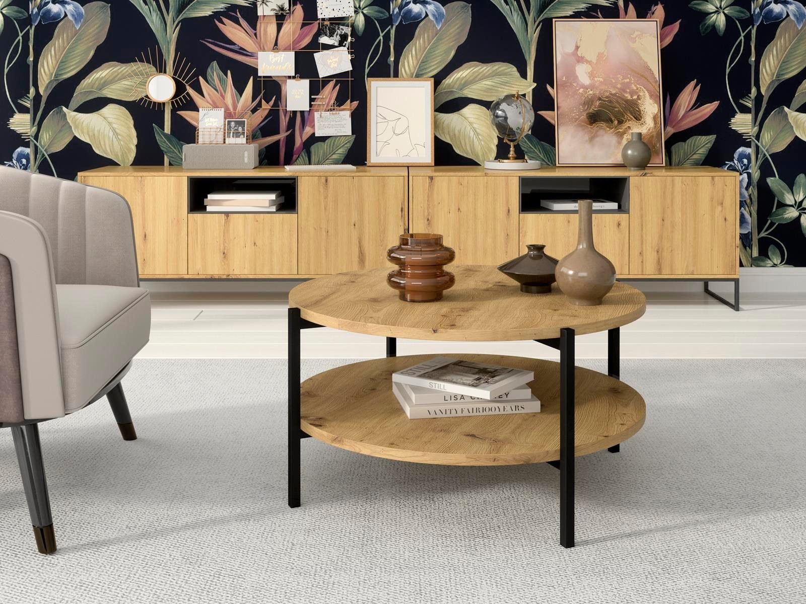 Beautysofa Couchtisch Sigma B (Tisch für Wohnzimmer, aus Spanplatte, mit Metallgestell), mit zwei Tischplatten, runder Kaffeetisch Eiche artisan