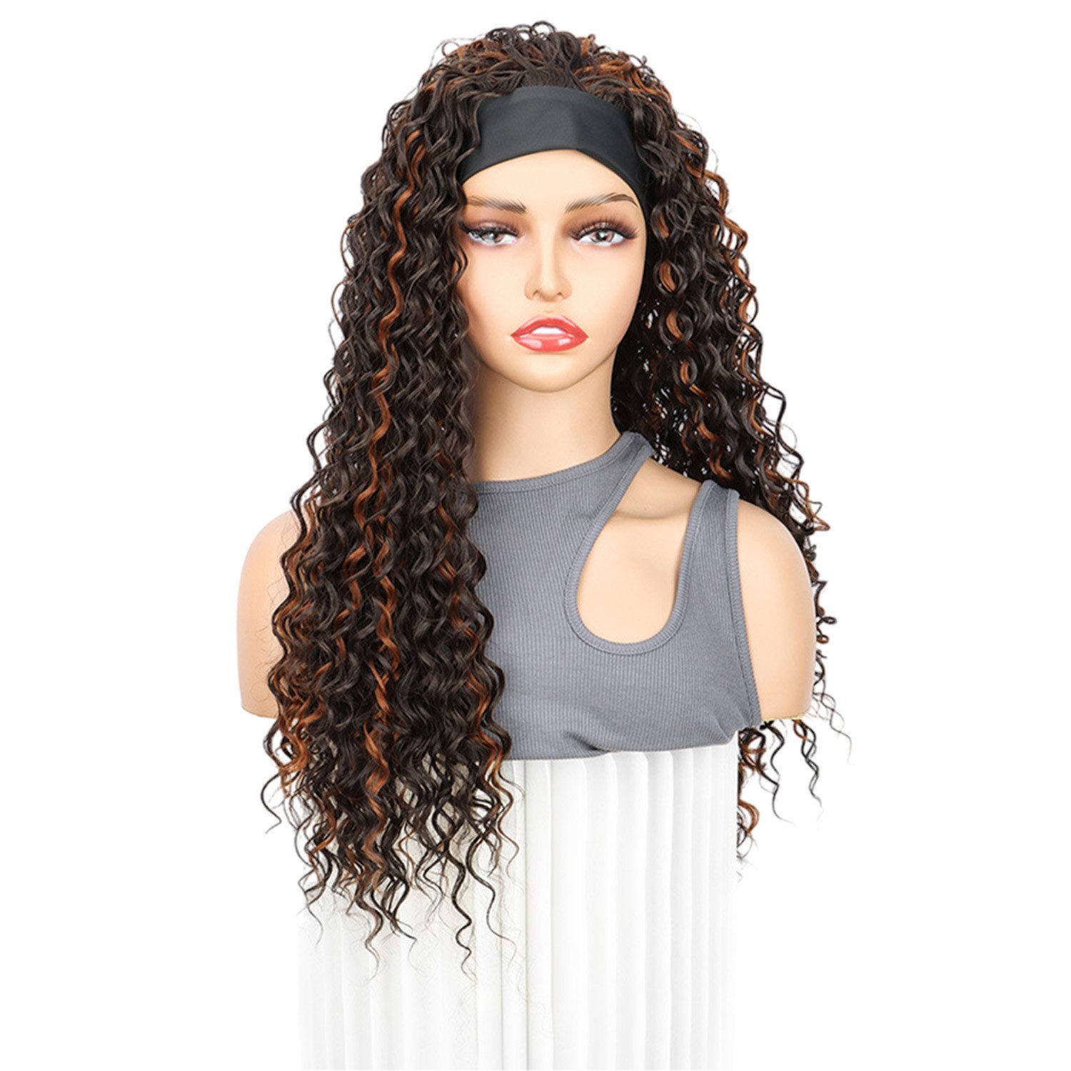 Refttenw Kunsthaarperücke Damenperücke 66cm Lange Lockige Stirnband Perücke, Kleberlos 150% Dichte