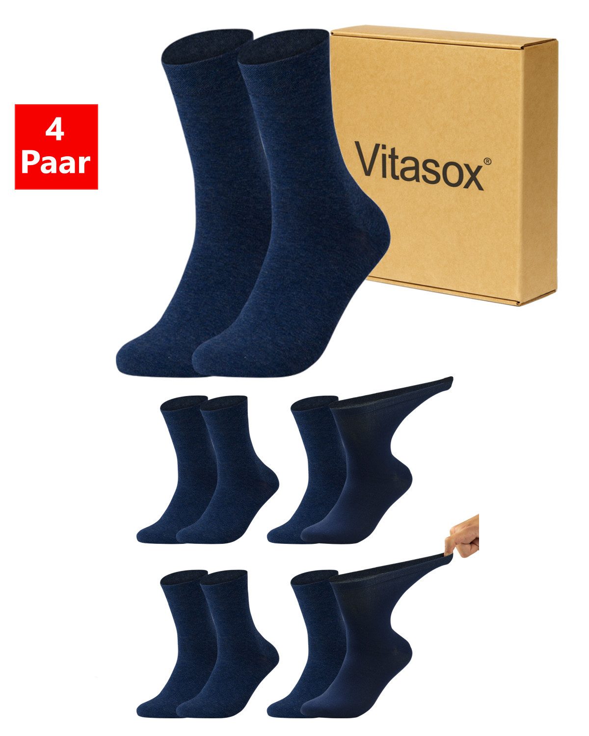 Vitasox Diabetikersocken für Herren - aus Baumwolle ohne Gummi, ohne Einschneiden und Abdrücken (4-Paar) mit weichem und dehnbarem Komfortbund