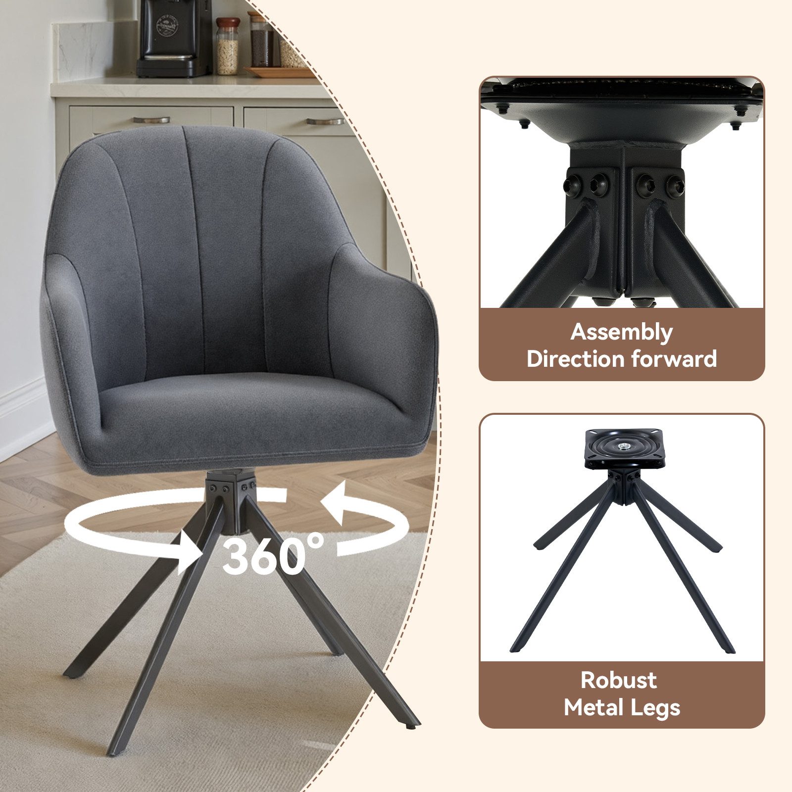 HawthyHome Polsterstuhl 360° drehbar mit Armlehne und Metallbeinen, 4-Fußstuhl (4 St), Moderner Küchenstuhl Esszimmerstuhl für Wohnzimmer & Büro – Bild 4 von 5