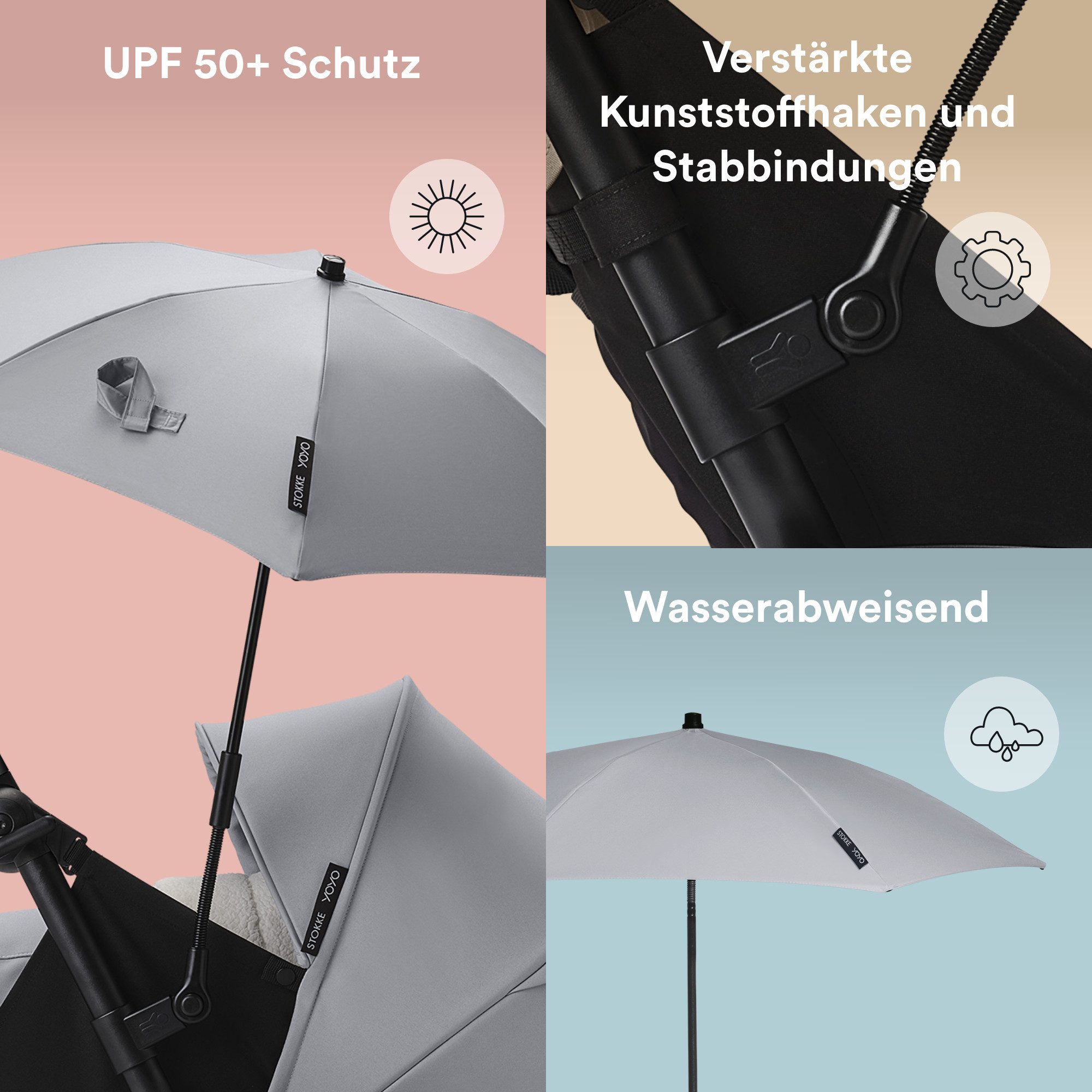 Stokke Kinderwagenschirm YOYO Sonnenschirm - UPF 50+ Schutz, verbesserte Deckkraft, YOYO Kinderwagen mit 0+ Neugeborenen Set, Liegewanne oder 6+ Textilset