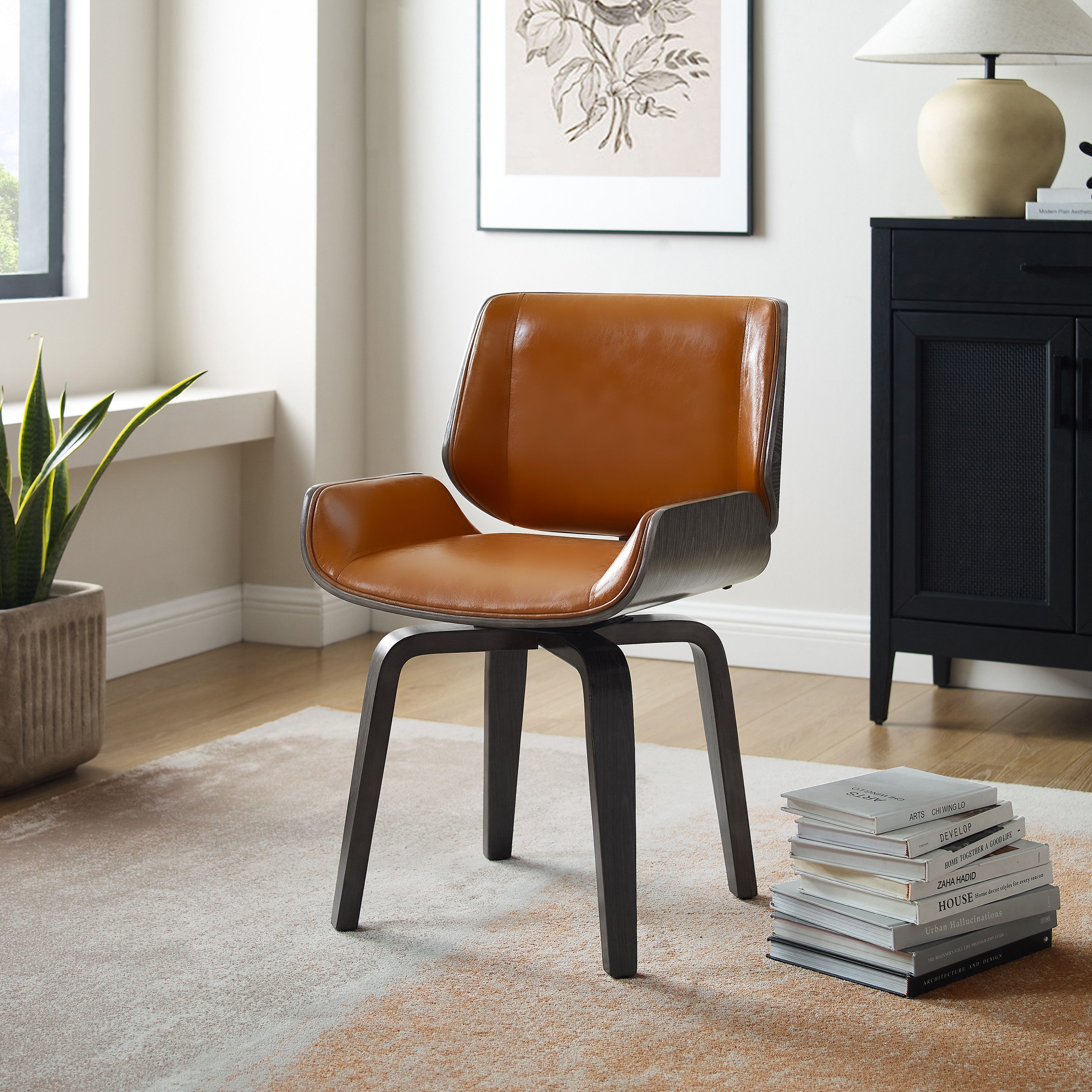 Art Leon Esszimmerstuhl CC052 (Mid Century Modern Schreibtisch Stuhl Faux Leder Wohnzimmer Stuhl mit Nussbaum Bentholz Beine Farbe in Schwarz/Braun), Küche Esszimmer Стулья mit gepolstertem Sitz