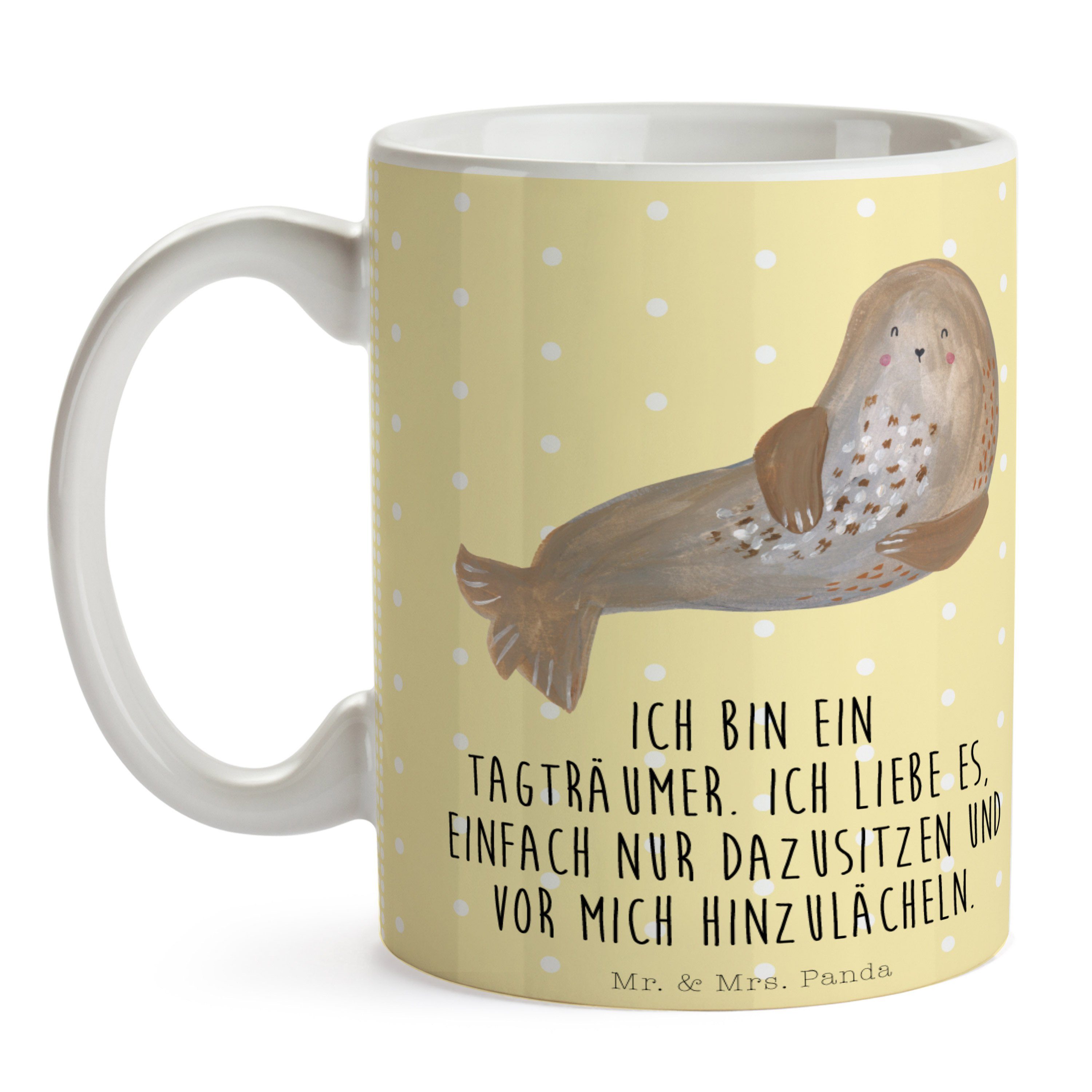 Gelb - Tasse Pastell Mr. L, Geschenk, Gute Sprüche, Robbe - Tiere, Mrs. Panda lachend Tasse & Keramik