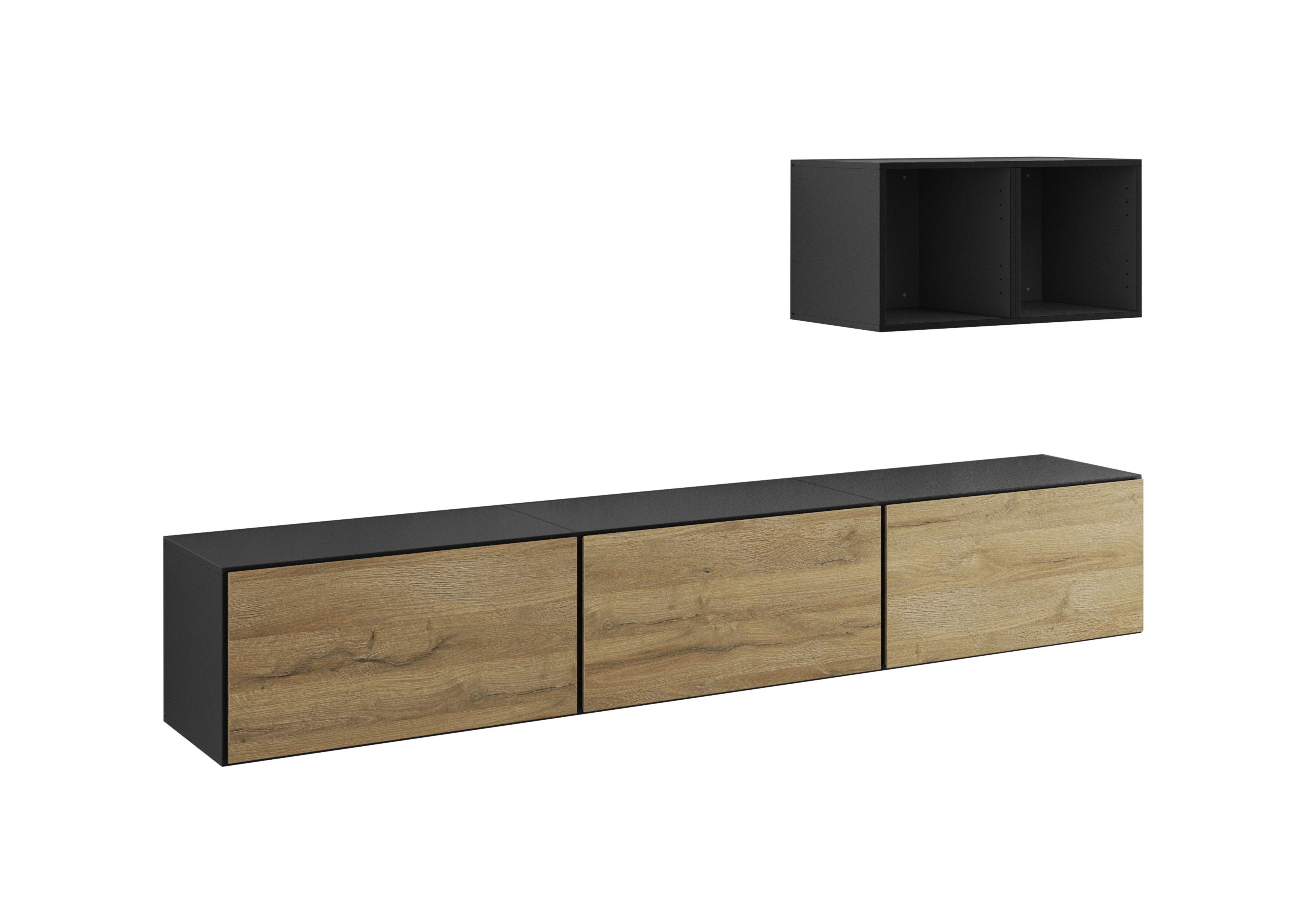 BMG Möbel Wohnwand Modul+, (Lowboard-Set mit Wandregalen bestehend aus, 3x Hängeelement mit Klappen, 2x offenes Würfelregal), wandhängend mit Soft-Close, Made in Germany