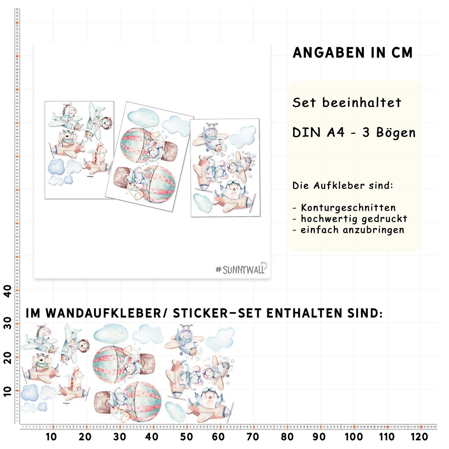 Sunnywall Wandtattoo Flugzeug Tiere Wandsticker Wandtattoo (3 St), konturgeschnitten