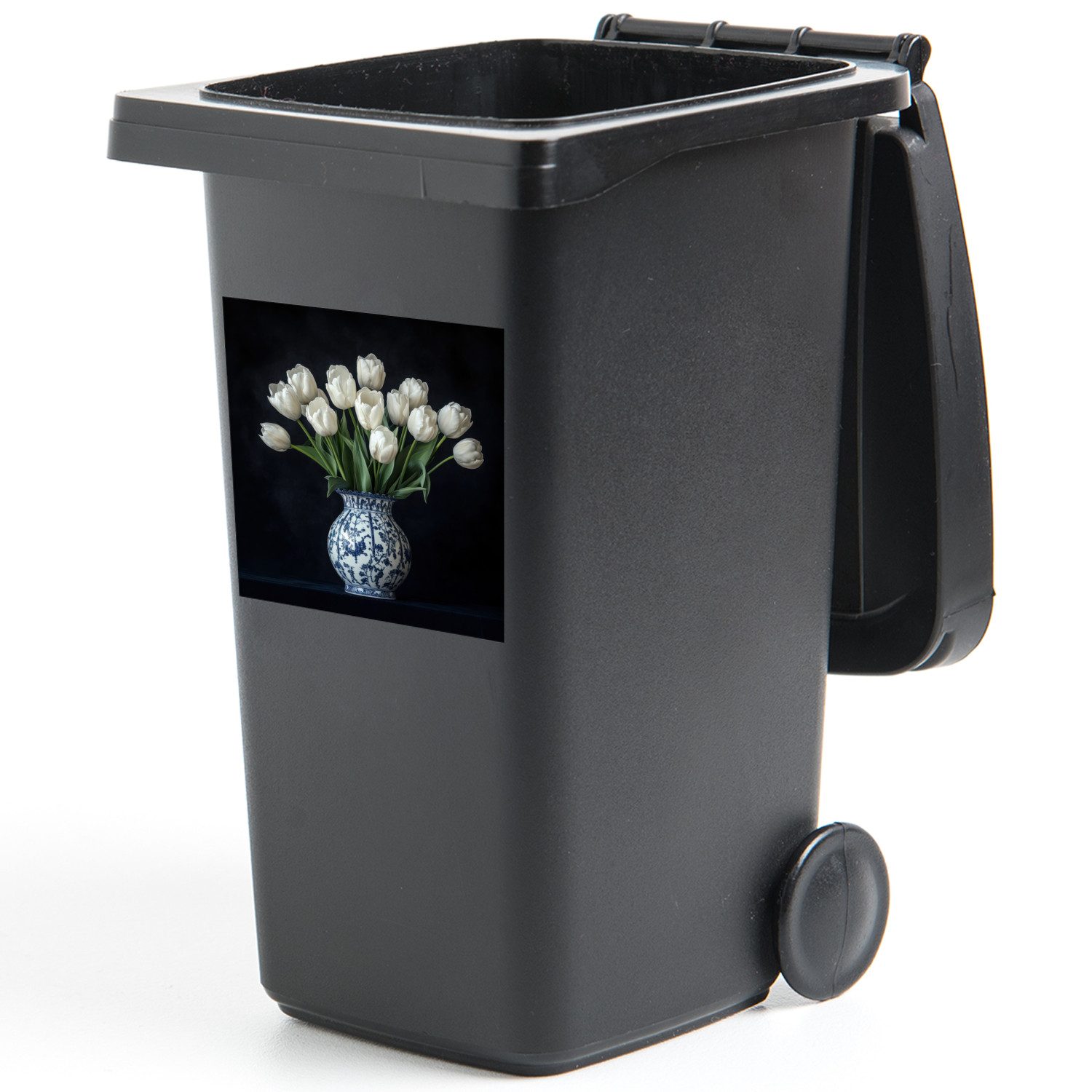 MuchoWow Wandsticker Weiß - Blumen - Tulpen - Vase (1 St), Mülltonnen-Aufkleber, Mülleimer, Mülltonne, Sticker, 40x40 cm