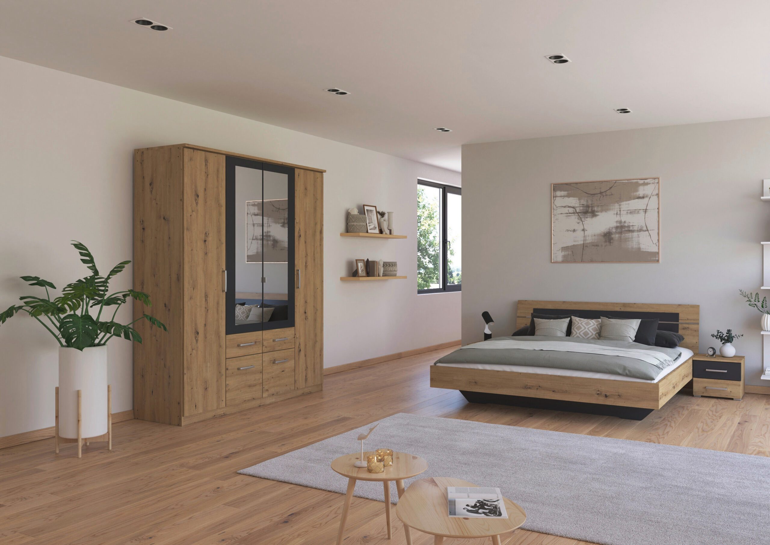 möbel-direkt.de Komplettschlafzimmer Burano in Eiche und Grau, (Komplett-Set, 4-tlg., mit verschiedenen Schrankvarianten wählbar), Made in Germany, mit Spiegeltüren