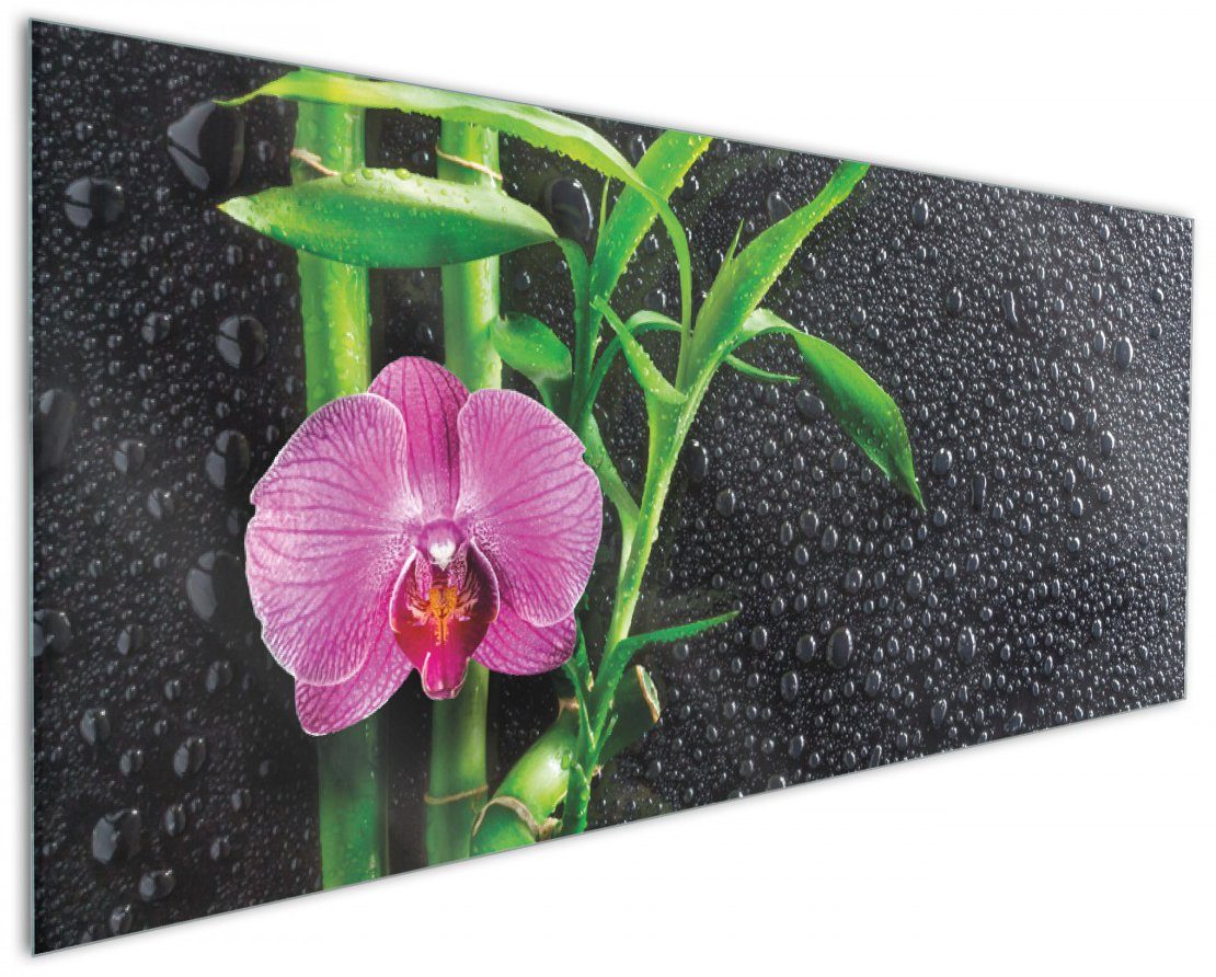 Wallario Küchenrückwand Bambus und pinke Orchidee auf schwarzem Glas mit Regentropfen, (1-tlg)