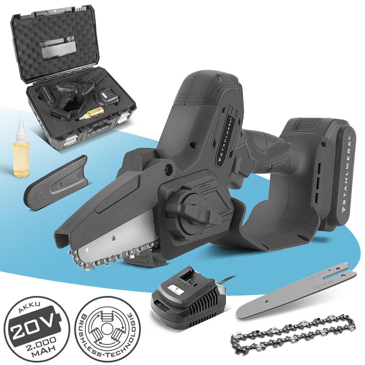 STAHLWERK Akku-Kettensäge Mini Akku Kettensäge 20 V Set Akku Ladegerät Ersatzkette Ersatzschwert