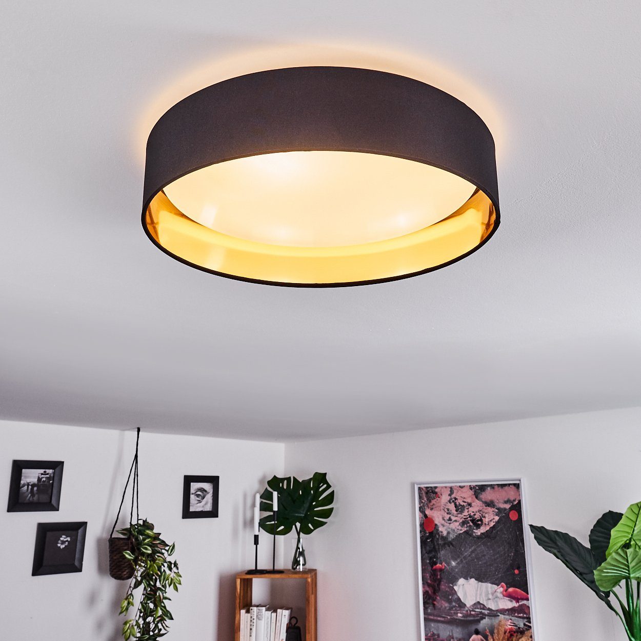 hofstein Deckenleuchte »Piani« moderne Deckenlampe aus Metall in Schwarz/Weiß/Goldfarben, 3000 Kelvin, Lampe mit Stoffschirm, 2100 Lumen, 24 Watt