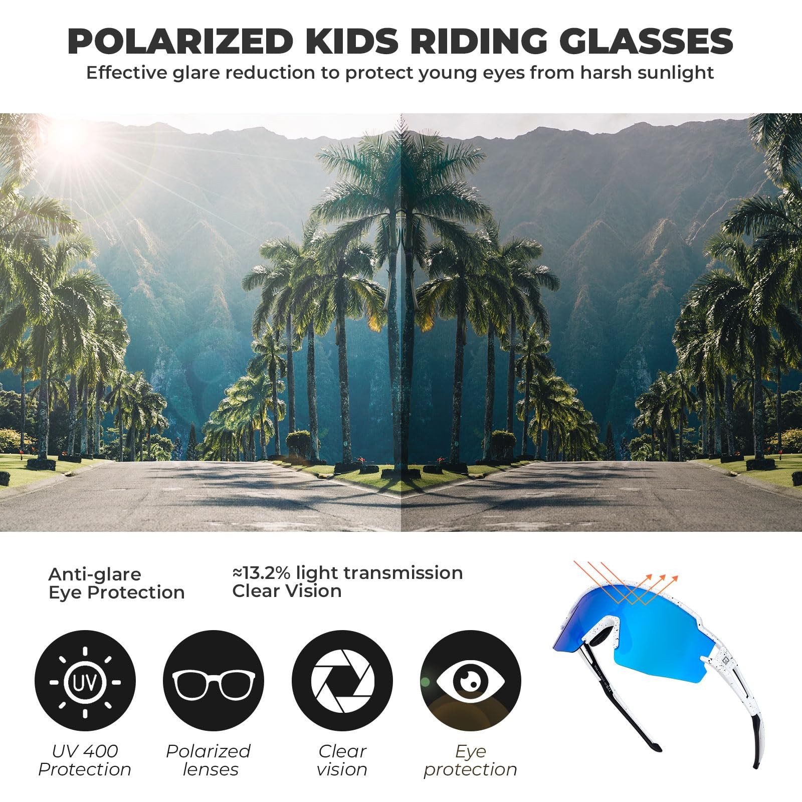 ROCKBROS Fahrradbrille Sportbrille Kinder Outdoor Radfahren Wandern TR90 Rahmen, polarisierte Gläser, UV400 Schutz, winddicht, rutschfest, verstellbar