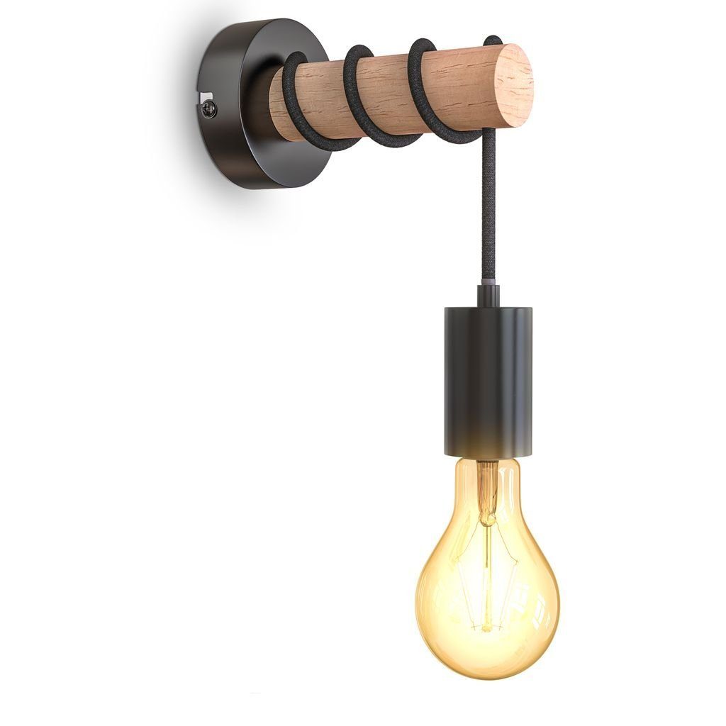Wandlampe rund Schwarz - Design E27 ohne Industrial BKL1342, flammig Nachttischlampe Leuchtmittel, Wandleuchte Stahl Vintage 1 B.K.Licht Holz