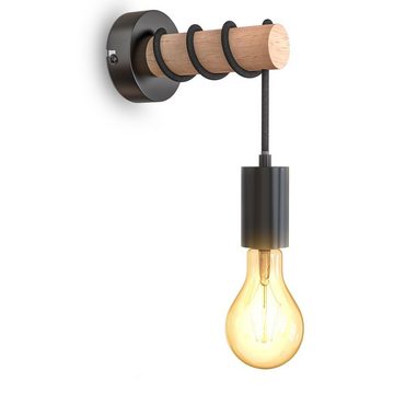 B.K.Licht Wandleuchte Wandlampe Vintage Stahl Holz rund E27 - BKL1342, ohne Leuchtmittel, 1 flammig Industrial Design Schwarz Nachttischlampe