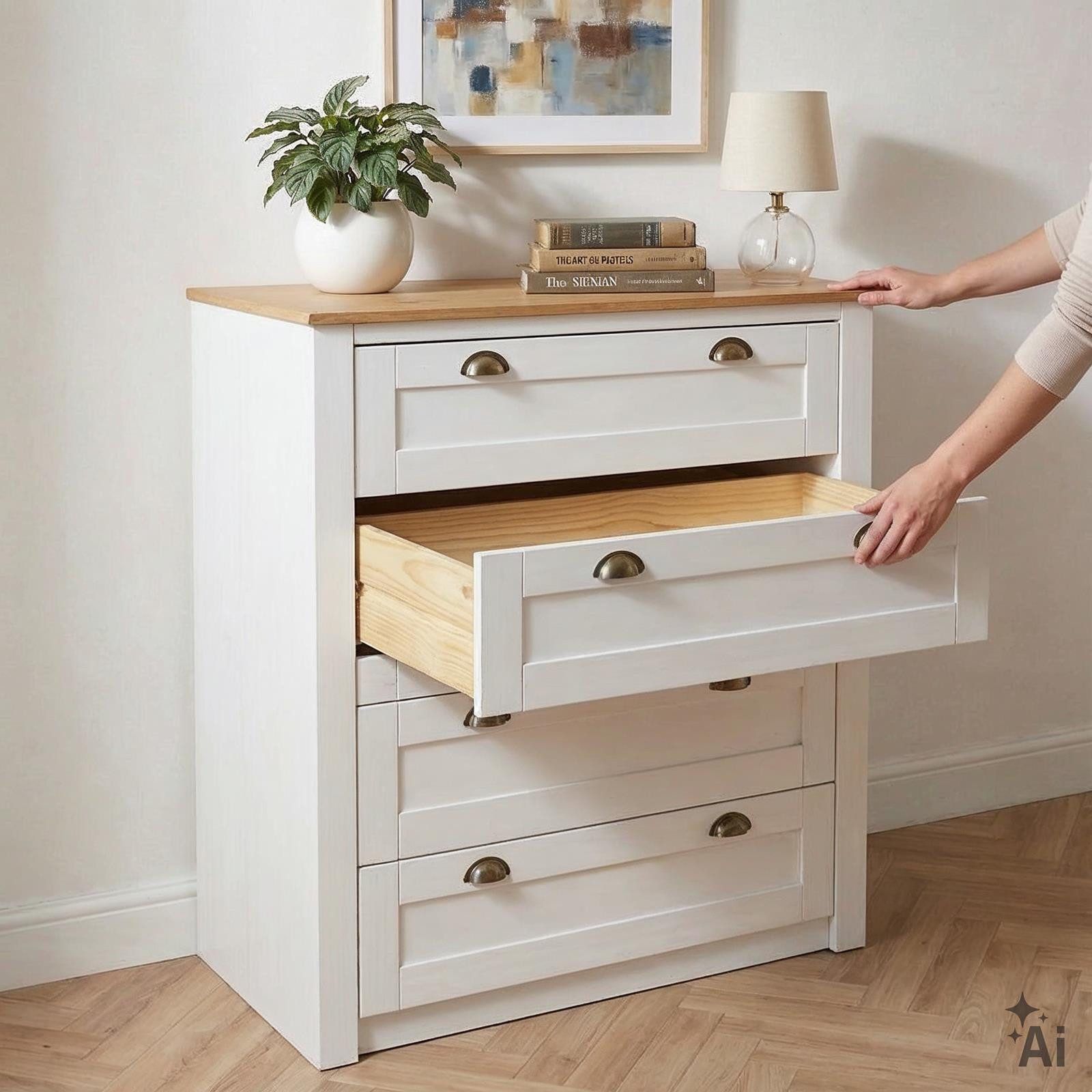 IDIMEX Kommode BOLTON, Anrichte mit 4 Schubladen aus Massivholz mit Muschelgriff Weiß/Braun