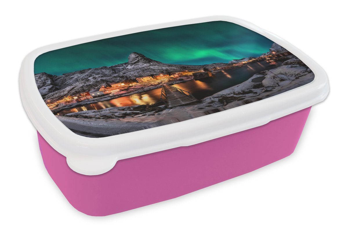 MuchoWow Lunchbox Nordlicht - Island - Schnee - Dorf - Grün - Berge, Kunststoff, (2-tlg), Brotbox für Erwachsene, Brotdose Kinder, Snackbox, Mädchen, Kunststoff rosa