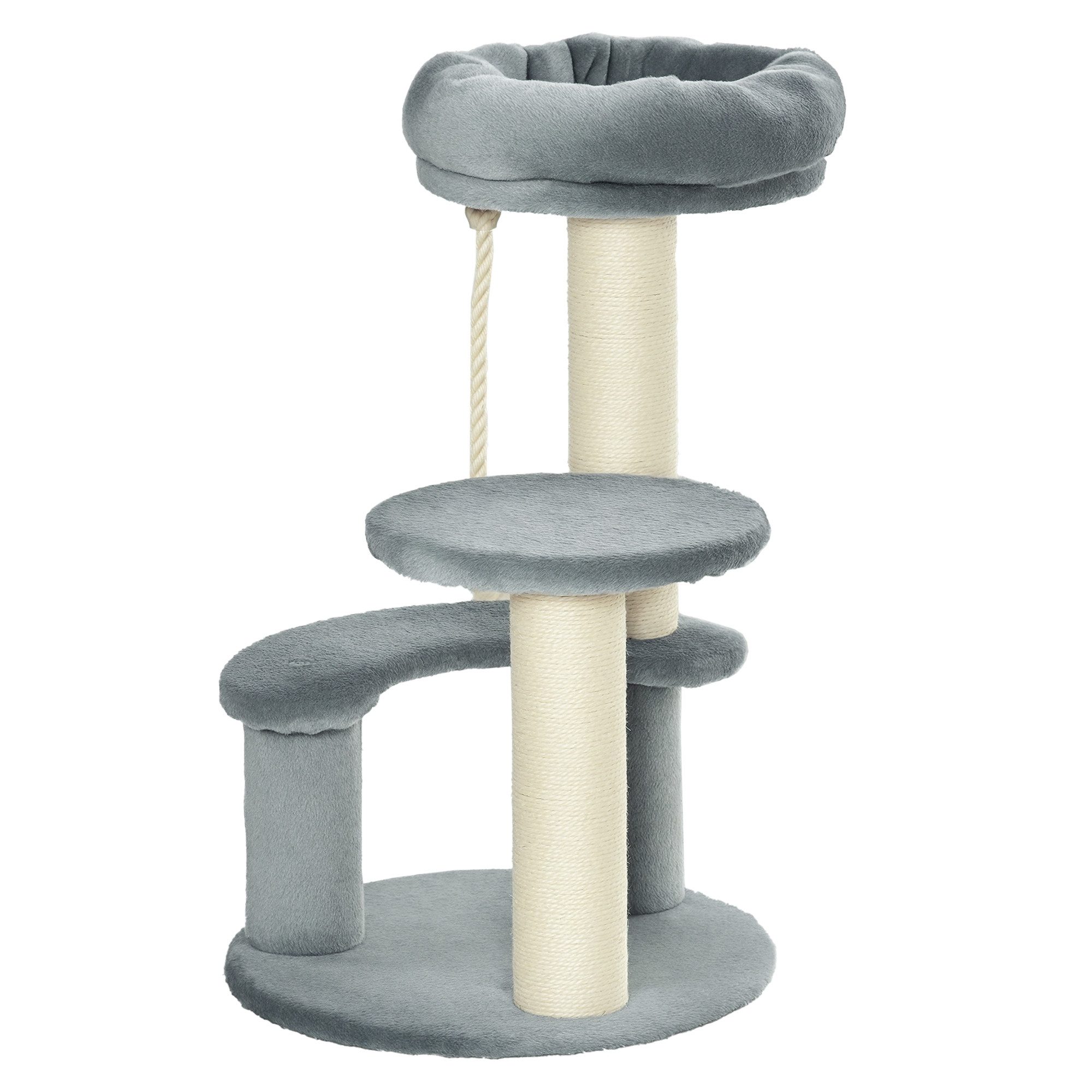 PawHut Kratzbaum Katzenbaum 3-Stufiger Spielbaum mit Katzenbett, Sisalsäulen, Grau, Ø40 x H65 cm