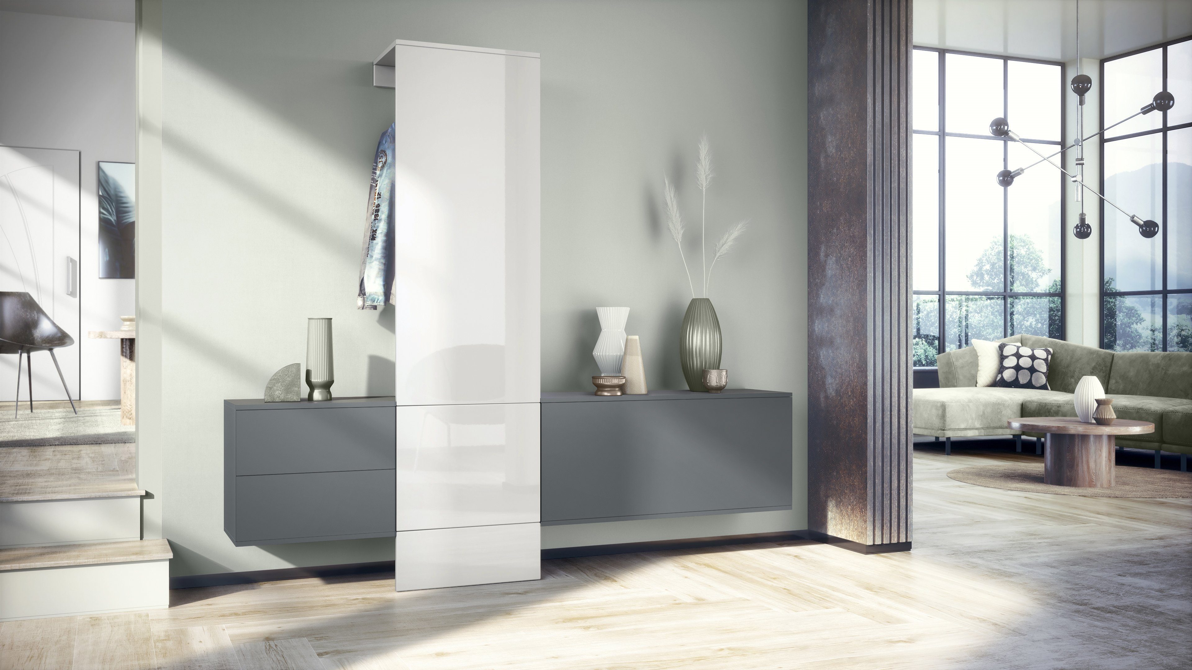 Vladon Garderoben-Set Carlton Set 1, (Wandgarderobe bestehend aus, 1 Paneel, 1 Schubkastenschrank und 1 Schrankmodul), Anthrazit matt/Weiß Hochglanz (209 x 193 x 35 cm)