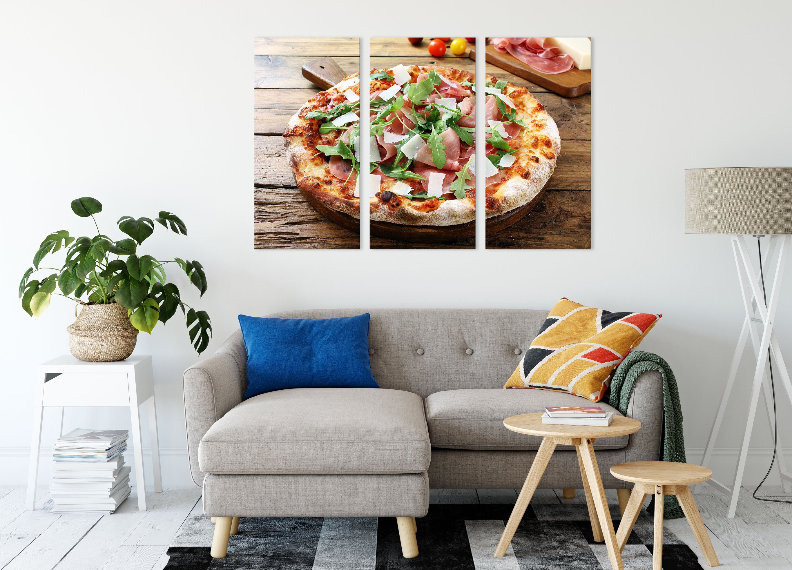 St), Zackenaufhänger auf (1 bespannt, Leinwandbild Prosciutto Prosciutto Holztisch Pizza 3Teiler (120x80cm) Holztisch, Pizza auf fertig Pixxprint Leinwandbild inkl.