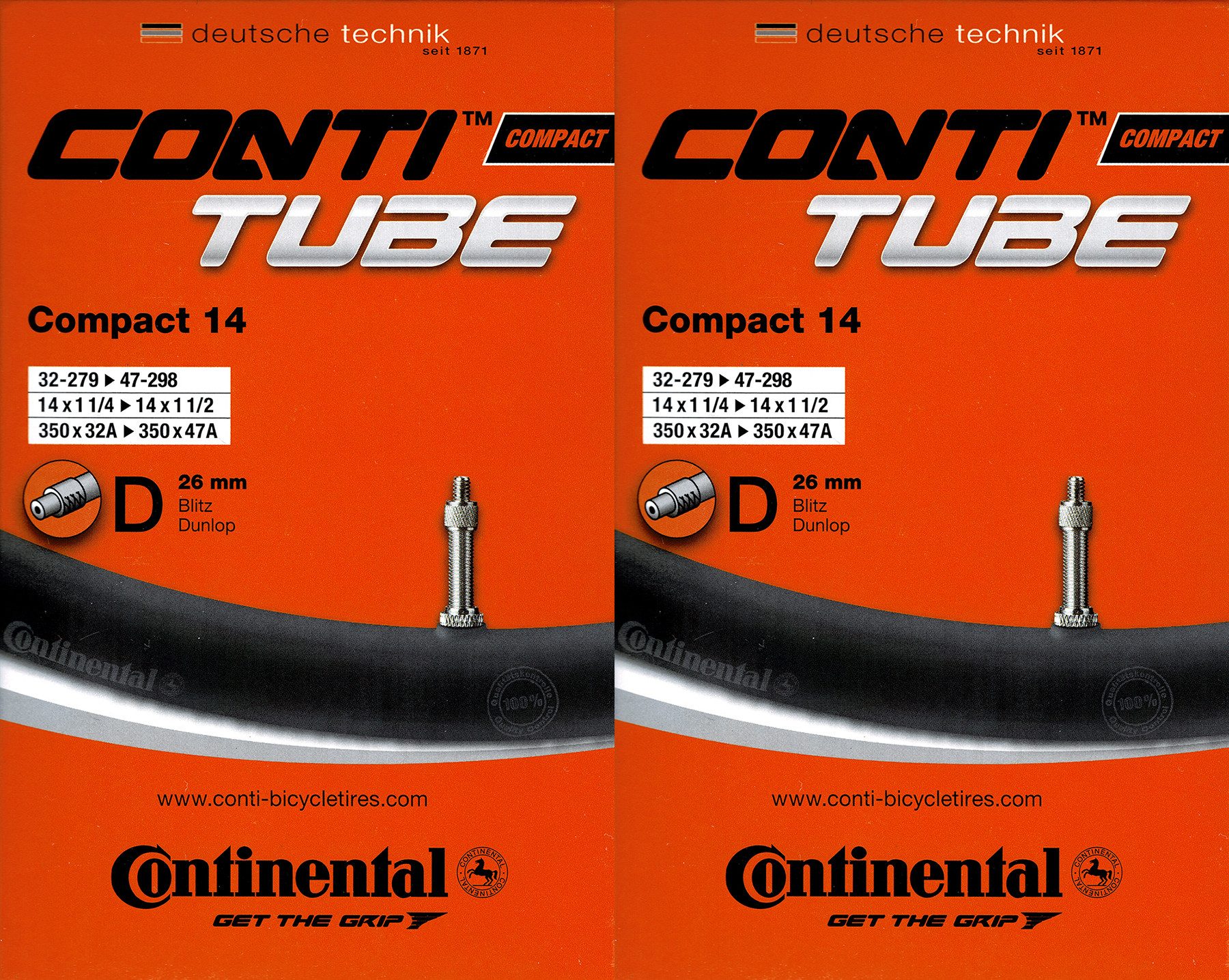 CONTINENTAL Fahrradschlauch 2x Continental Compact 14 Schlauch 14 Zoll DV (32/47-279/298) DV 26mm, 1 1/2, 1 5/8, 1,75, 1 3/8, 1 1/4, 1,25, (2-St)