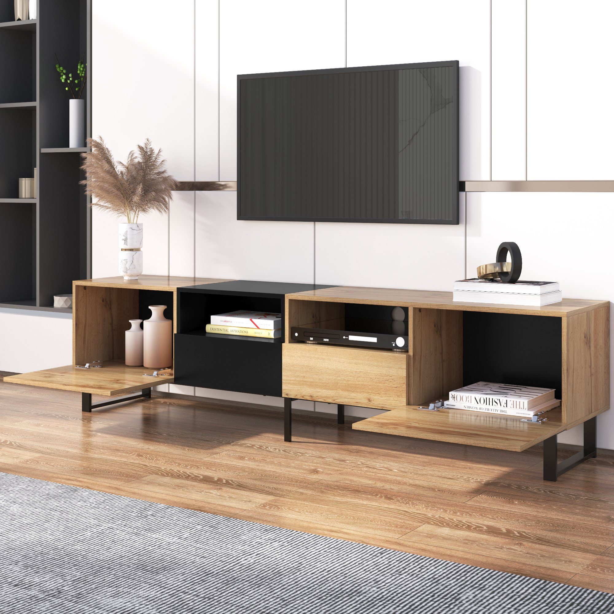 BUMHUM TV-Schrank Moderner TV-Ständer mit schwarzem und holzfarbenem Design  – geräumiger Stauraum, robuste Konstruktion