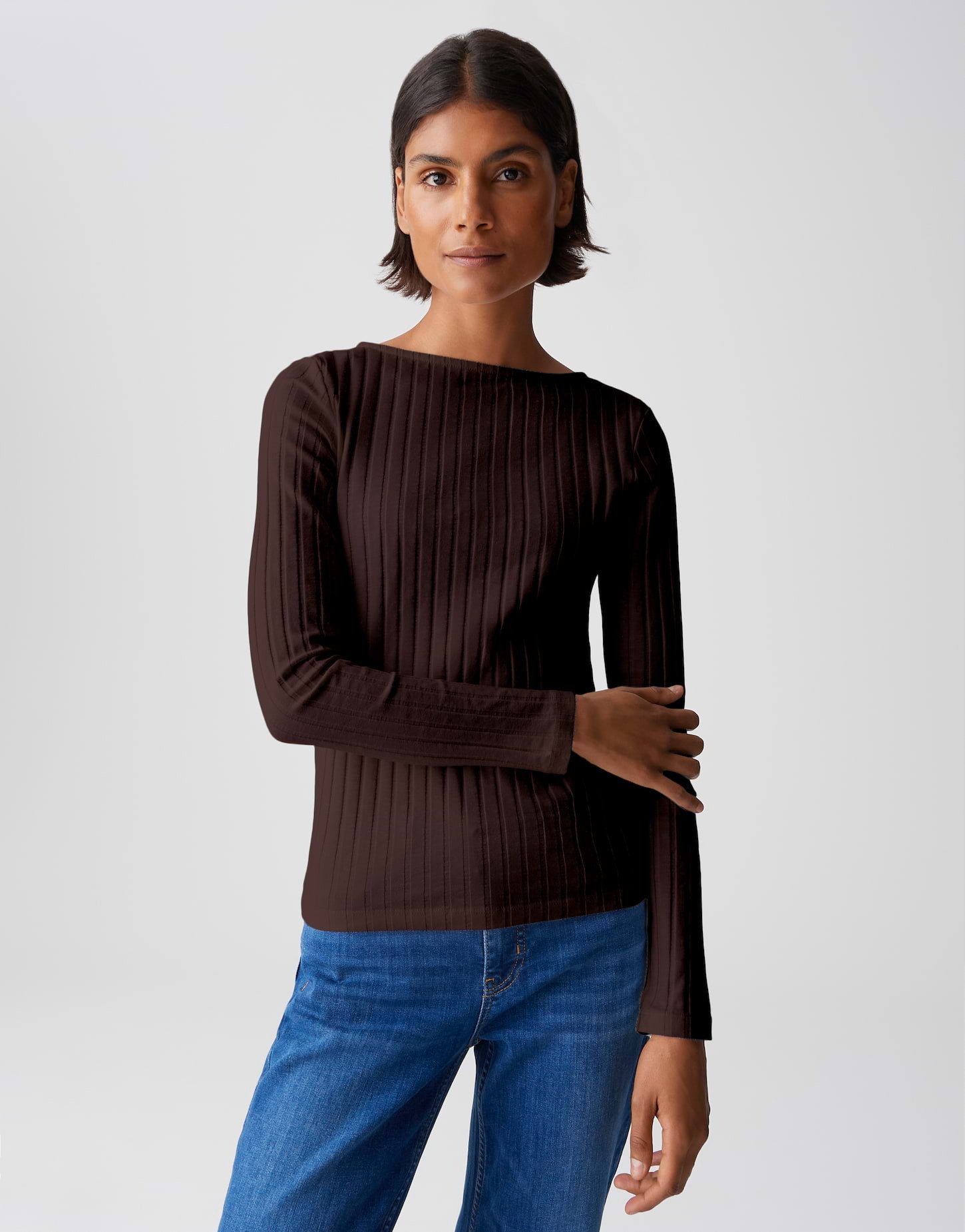 OPUS Langarmshirt SOVKE aus Baumwoll Mix figurbetont geschnitten, U-Boot-Ausschnitt, Rippstruktur