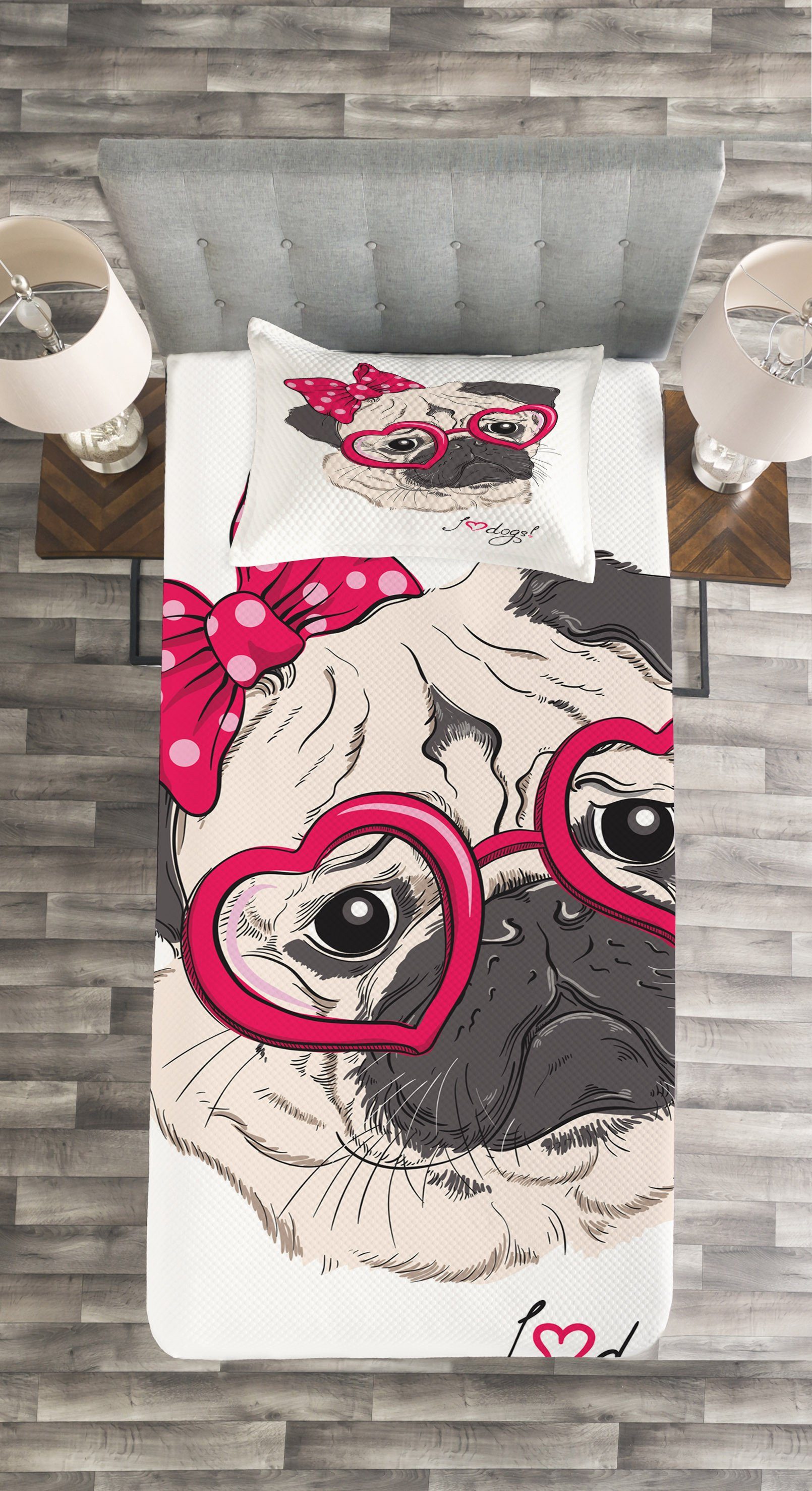Cartoon Tagesdecke Abakuhaus, Hipster-Hund Waschbar, mit Set Kissenbezügen Mode Mops
