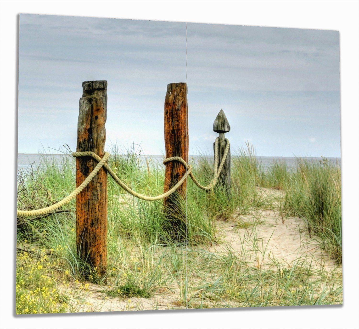 Wallario Herd-Abdeckplatte Düne am Strand mit Holzpfahl, ESG-Sicherheitsglas, (Glasplatte, 2 tlg., inkl. 5mm Noppen), verschiedene Größen