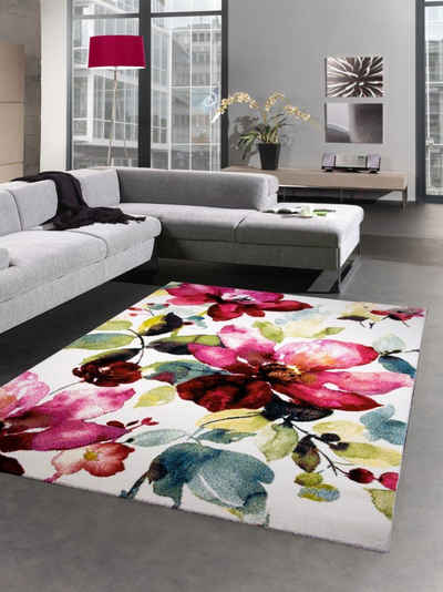 Teppich Moderner Teppich Kurzflor Wohnzimmerteppich Blumen Blüten bunt rot grün türkis, Carpetia, rechteckig, Höhe: 13 mm