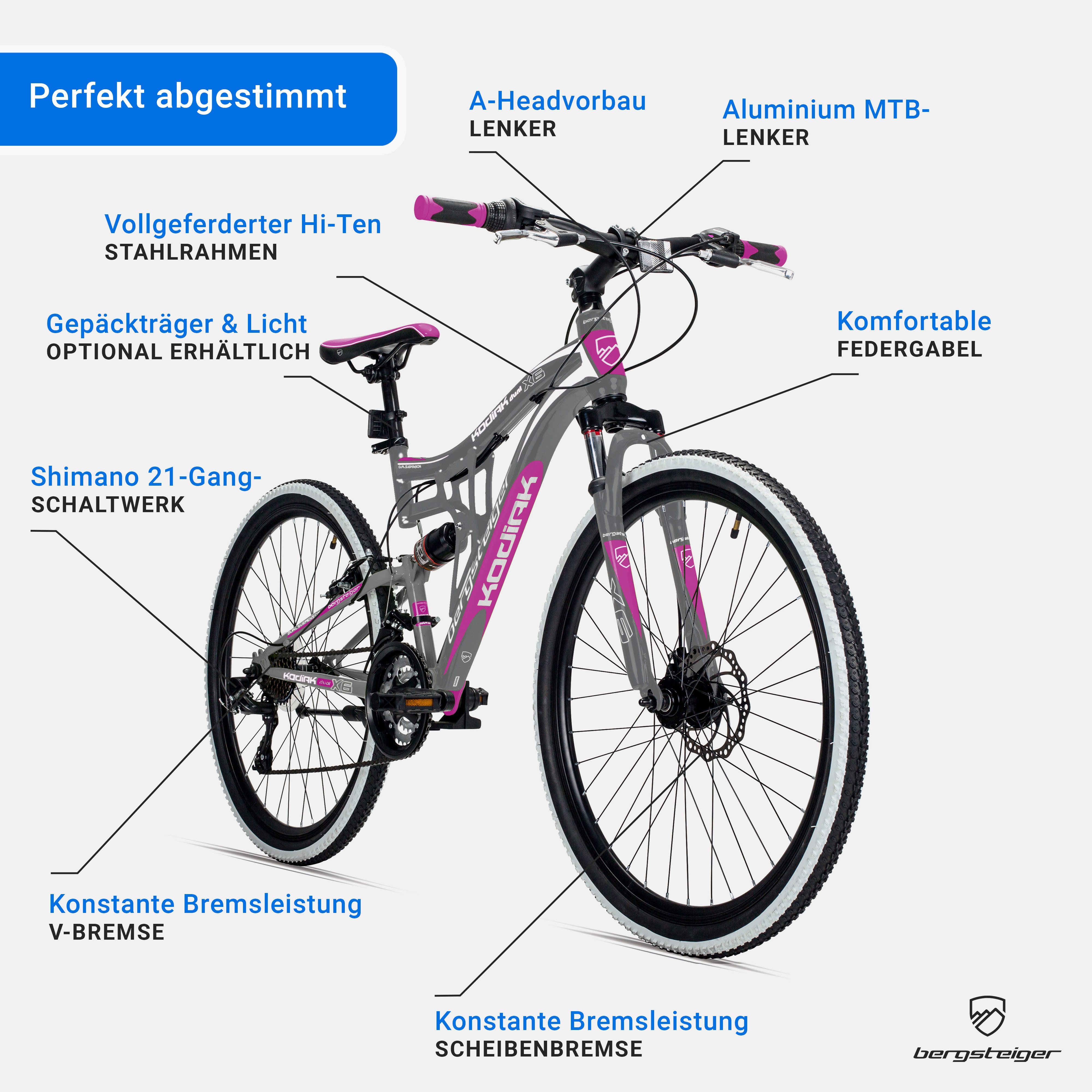 bergsteiger Mountainbike Kodiak 26, 29 Zoll Mountainbike, geeignet ab 150 cm, Damen, Herren, 21 Gang Shimano Tourney RD-TY300 Schaltwerk, Kettenschaltung, V-Bre – Bild 5 von 5