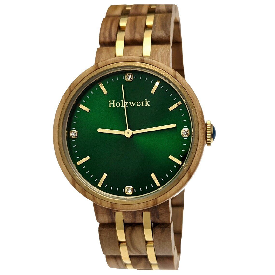 beige Holz gold grün & PIRNA Quarzuhr edle Damen Armband Uhr, braun, Holzwerk Strass