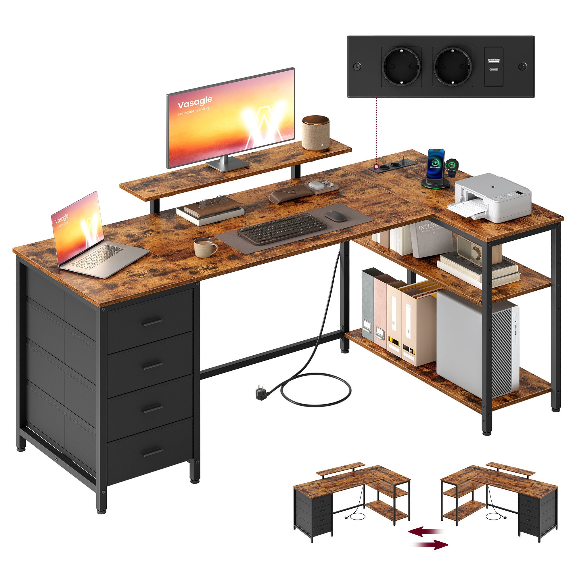VASAGLE Schreibtisch L-förmiger Eckschreibtisch mit Steckdosen, Computertisch, Gaming-Tisch, verstellbare Ablagen, 4 Schubladen, 2 USB-Anschlüsse, 160 x 80 cm