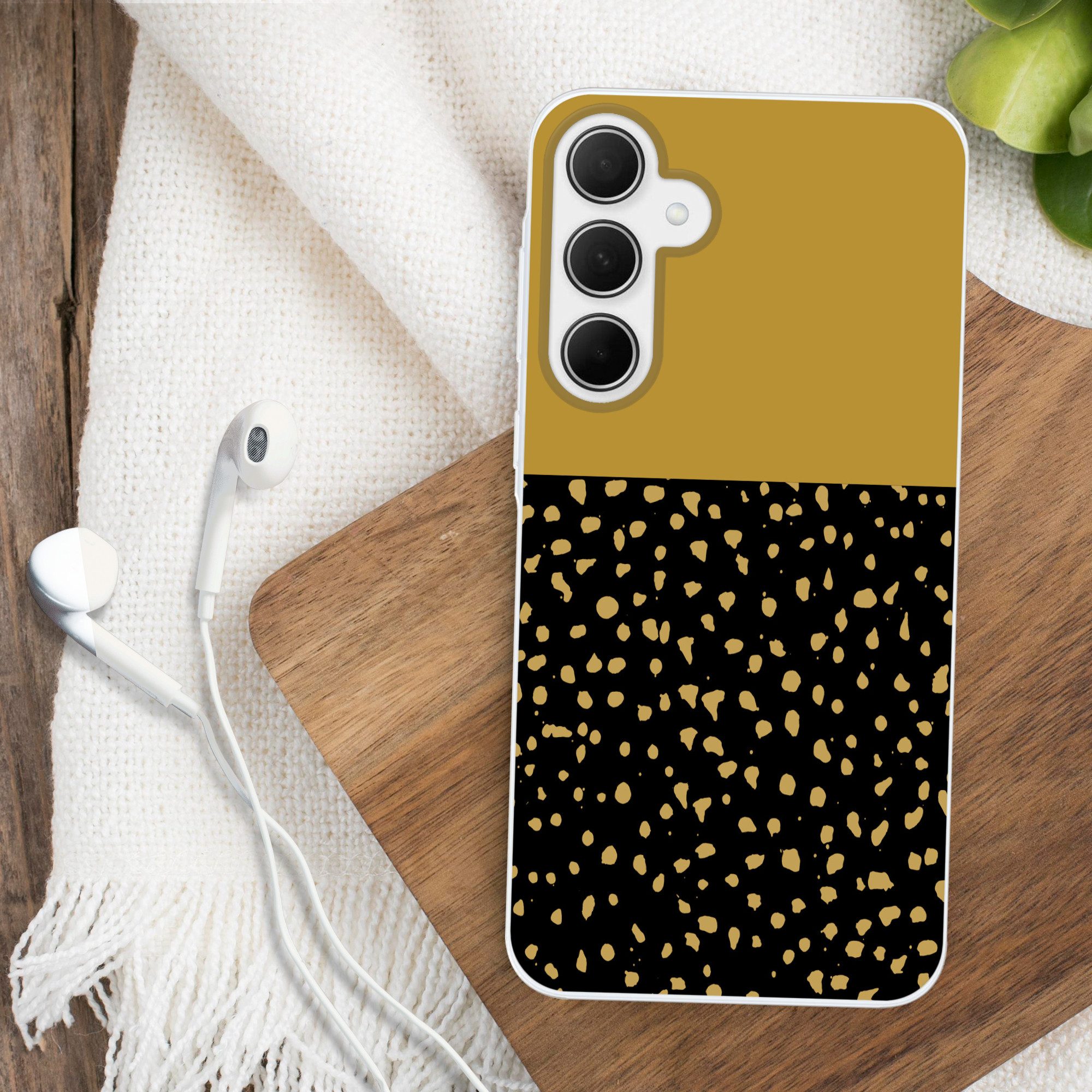 MuchoWow Handyhülle für Samsung Galaxy A35 5G Polka dots - Ockergelb - Schwarz, Smartphone-Bumper, Print, Handy Schutzhülle Dünn