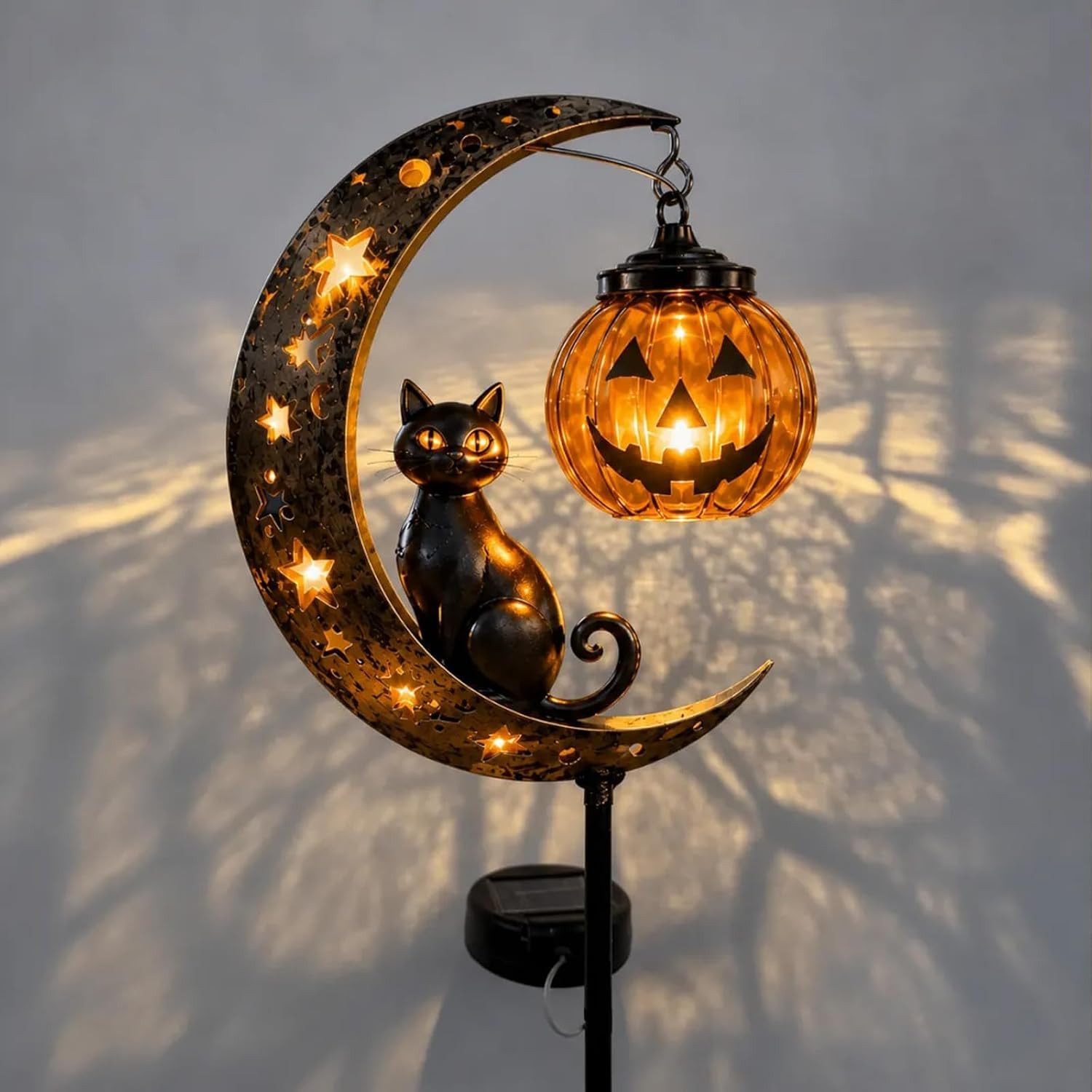 nsihing Gartenleuchte Solar Halloween-Schwarze Katze & Kürbis-Mond Gartensteckleuchte – Bild 5 von 5