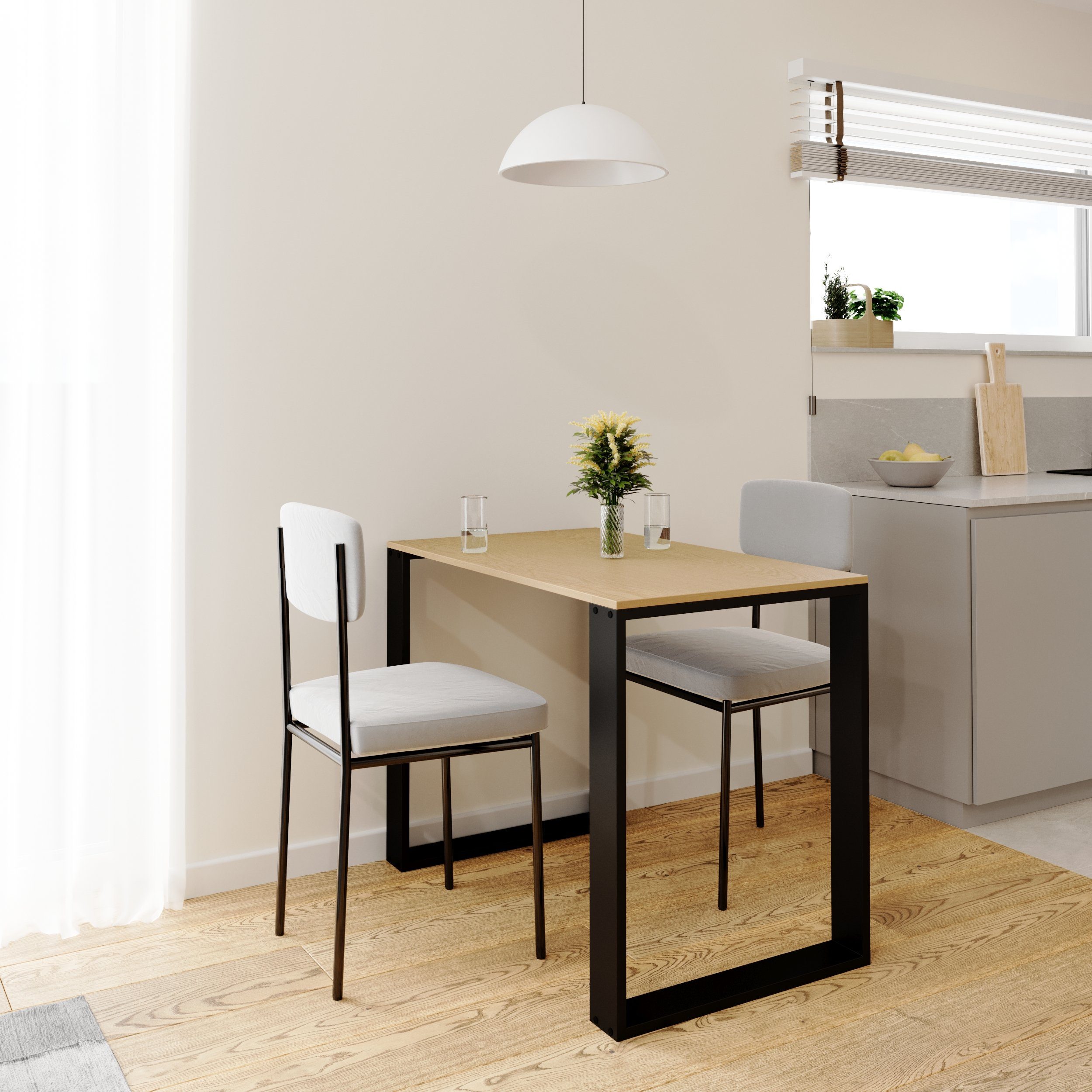 AKKE Esstisch, Esszimmertisch hell 2mm-PVC Schwarze Beinen Küchentisch LOFT Bürotisch Eiche