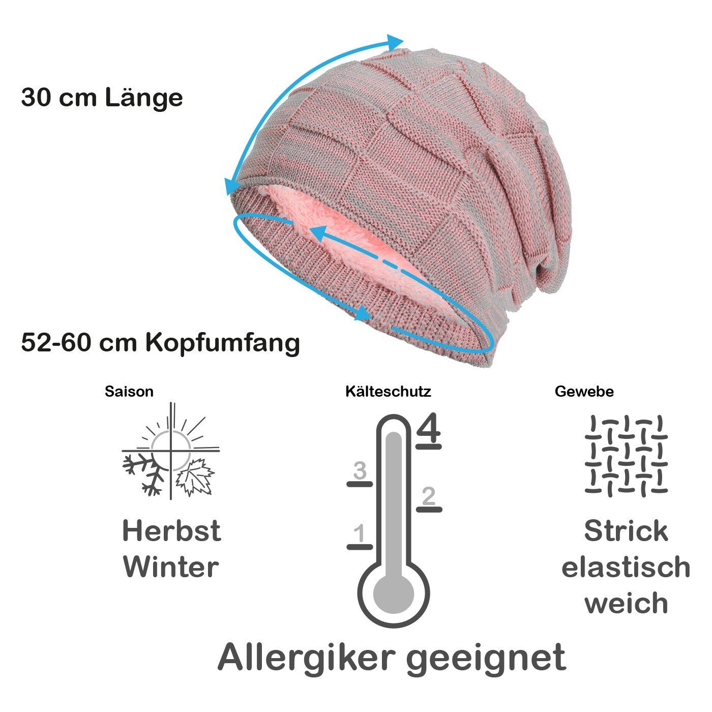 compagno Strickmütze (1-St) Warm gefüttert Beanie Wintermütze Flechtmuster uni oder meliert Mütze