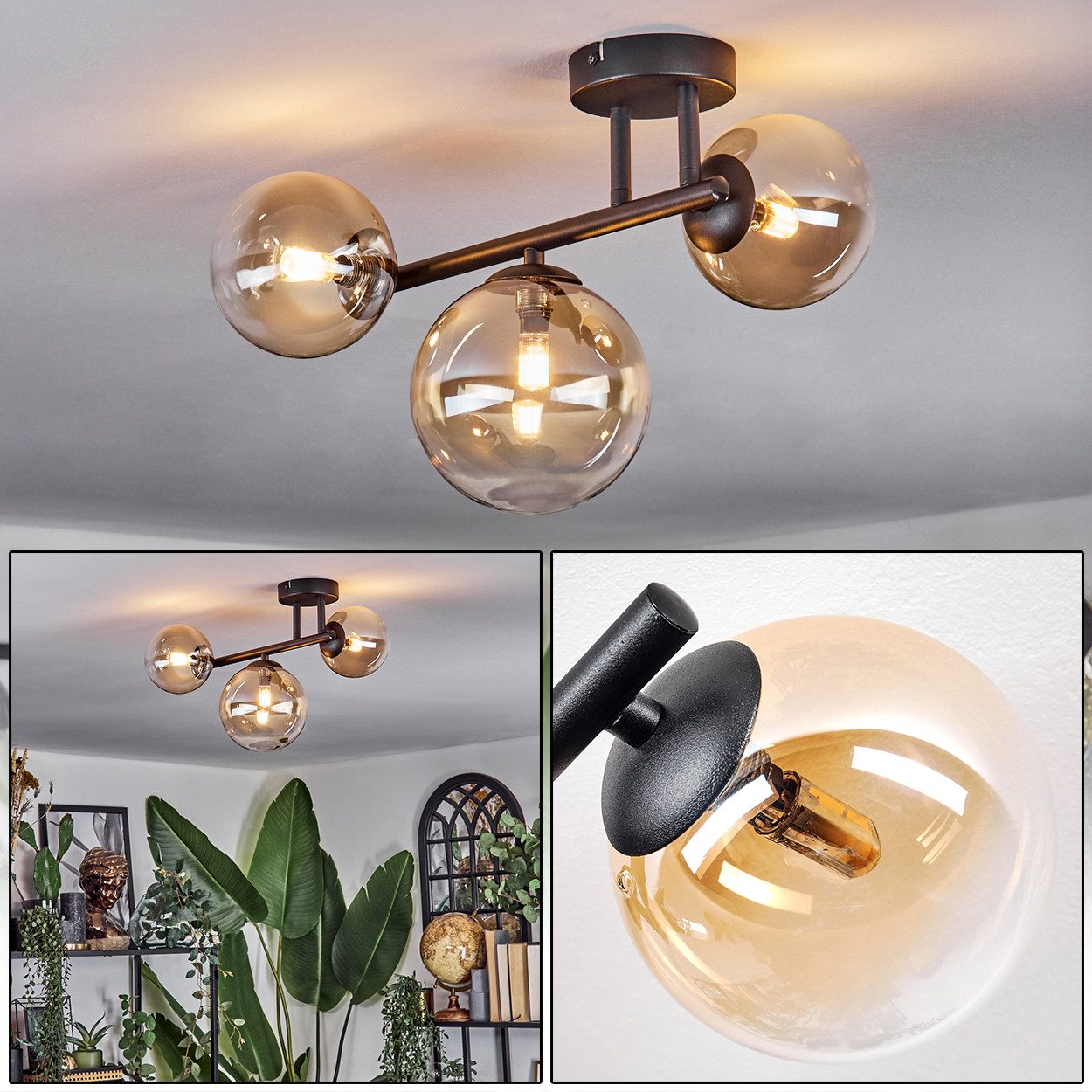 hofstein Deckenleuchte 3-flammige Deckenlampe aus Metall/Glas in Schwarz/Be günstig online kaufen