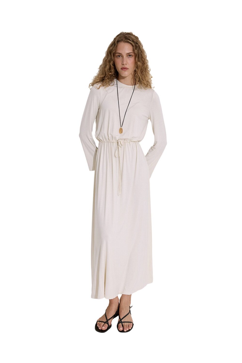 MANUKA Midikleid FLÜSSIGES LANGARMKLEID, SCHWARZ