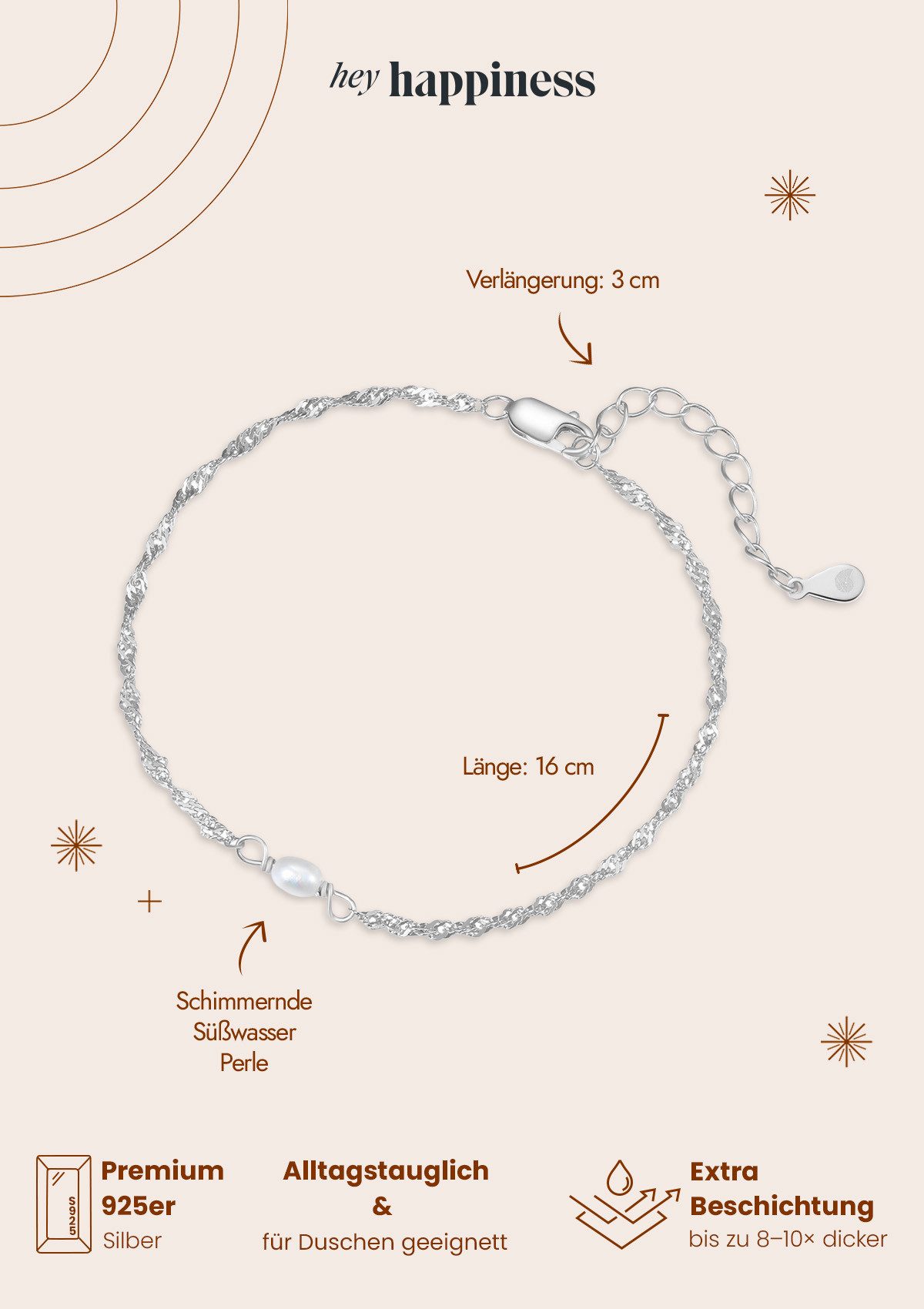 Hey Happiness Perlenarmband mit weißer Süßwasserperle, Zarte 925 Silber Damen Armkette, 18K Vergoldet – Bild 5 von 5