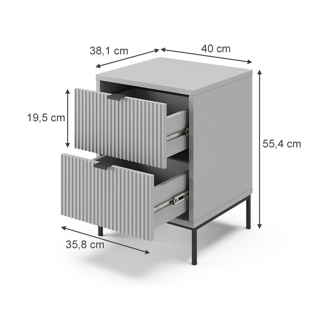 Vicco Nachtschrank Eliza, Grau/Schwarz, 40 x 55.4 cm mit 2 Schubladen (1-St)