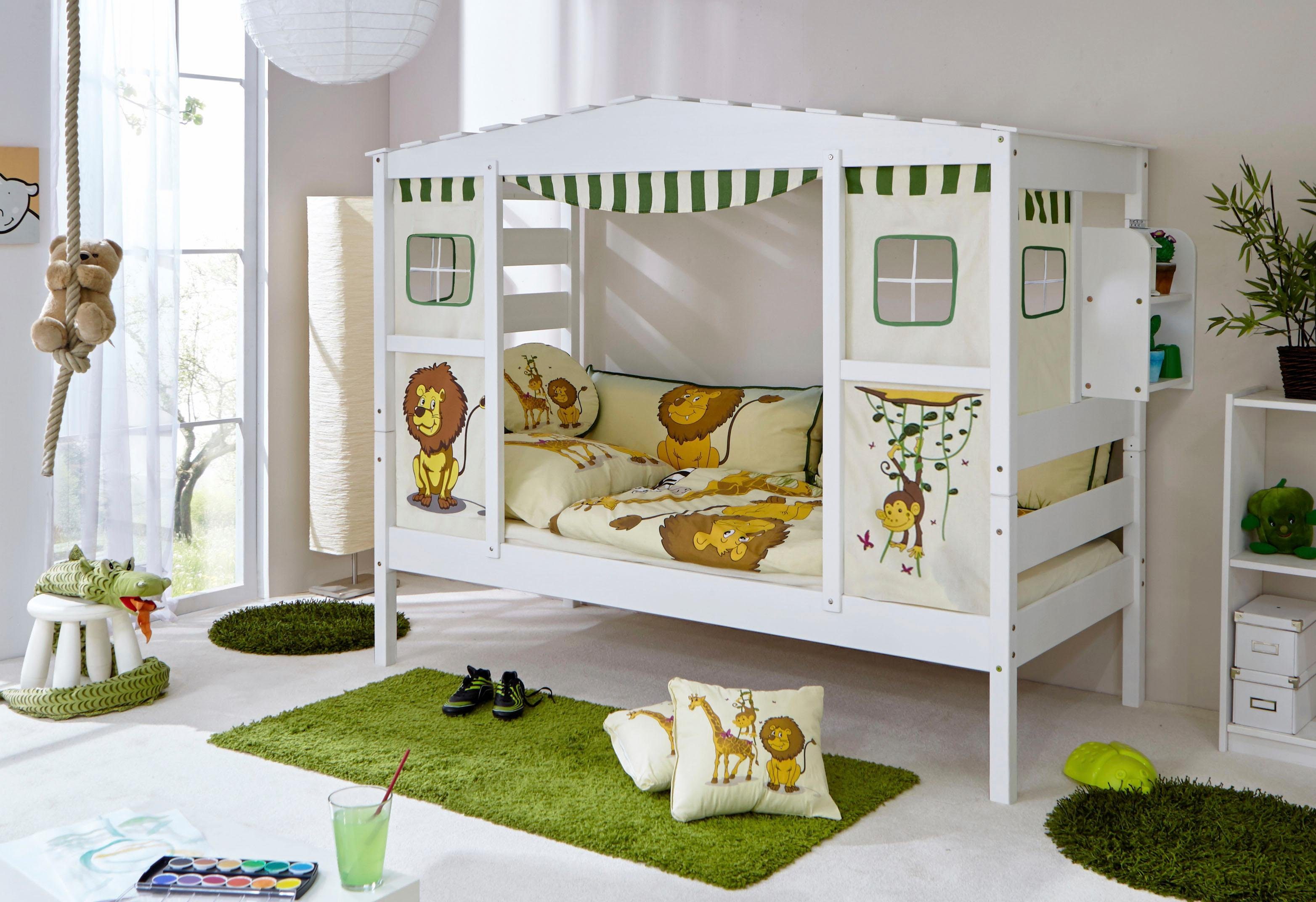 gewachst-Textil-Set Kinderbett Hausbett Lio, Kiefer Ticaa massiv weiß »Safari«