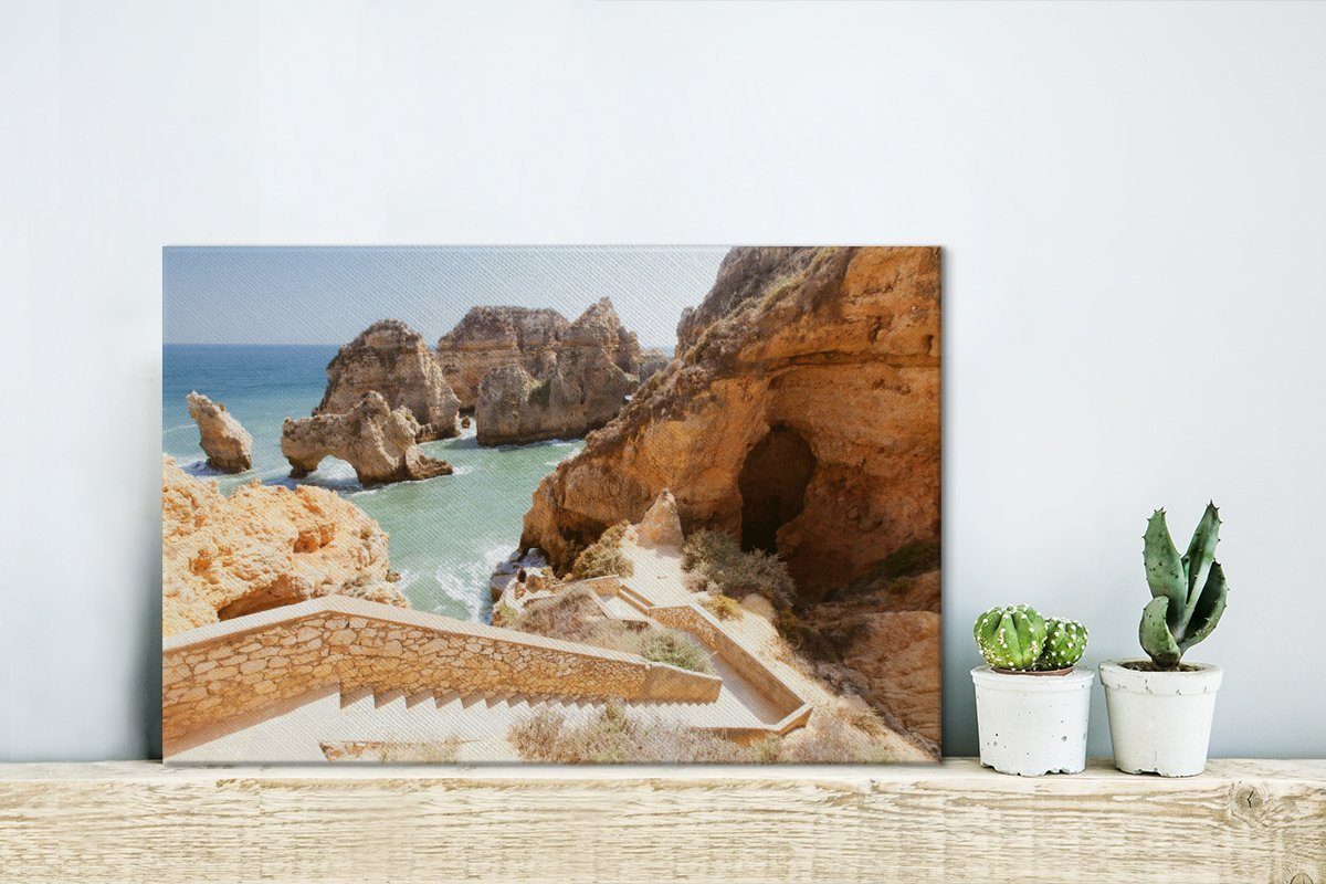 Wandbild Wanddeko, 30x20 Felsige in Leinwandbilder, Aufhängefertig, der Algarve, Klippen (1 OneMillionCanvasses® Nähe der Leinwandbild cm St), Meer am