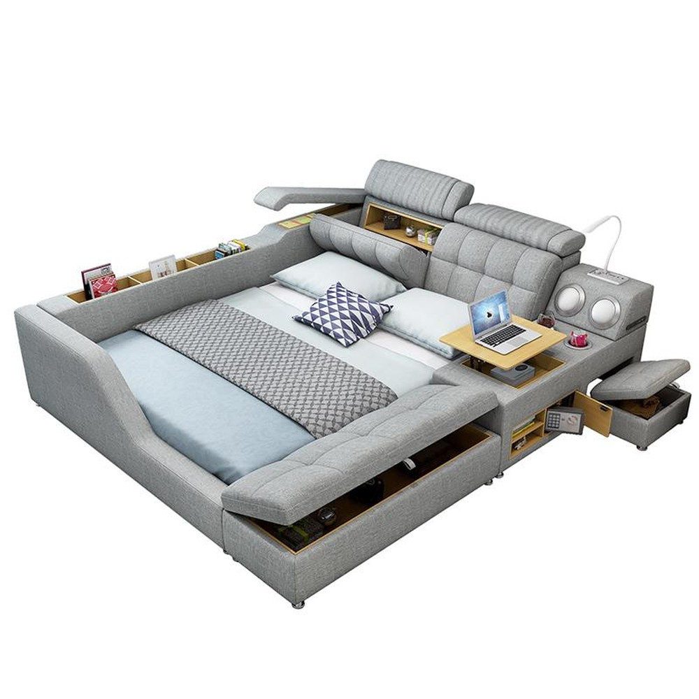 Xlmoebel Multimediabett Multifunktionales Bett im modernen Stil mit grauem Holzrahmen (Bett, 2-tlg., Multimediabett), Made in Europa