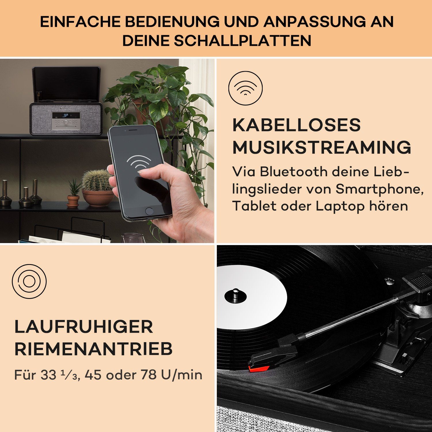 Auna Bella Ann Plattenspieler (Riemenantrieb, Radio Vinyl Lautsprecher Plattenspieler) Schallplattenspieler Bluetooth;CD, Schwarz mit