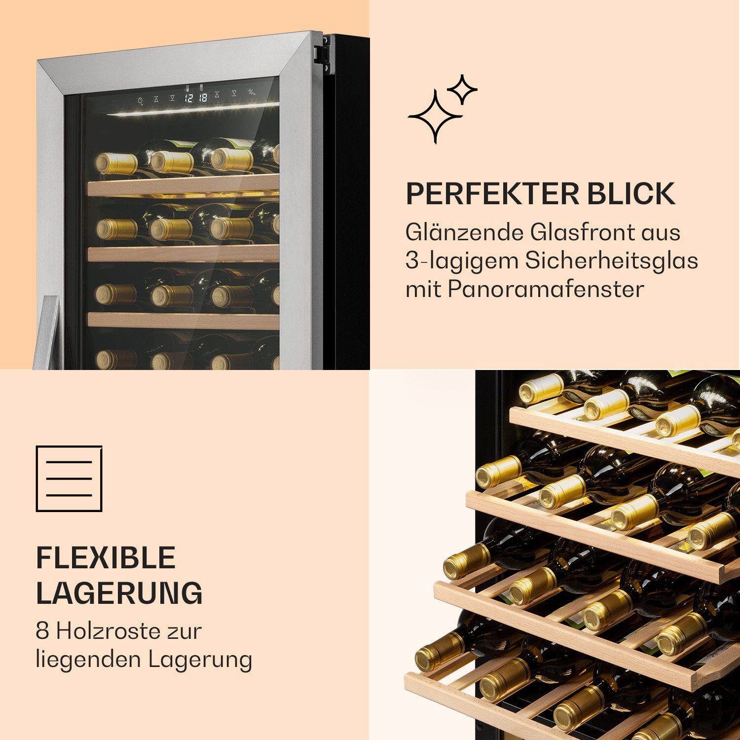 Klarstein Weinkühlschrank Vinamour 77 für Wein Weintemperierschrank Flaschenkühlschrank 0,75l,2 Zonen á Weinschrank Standardflaschen Duo, 77