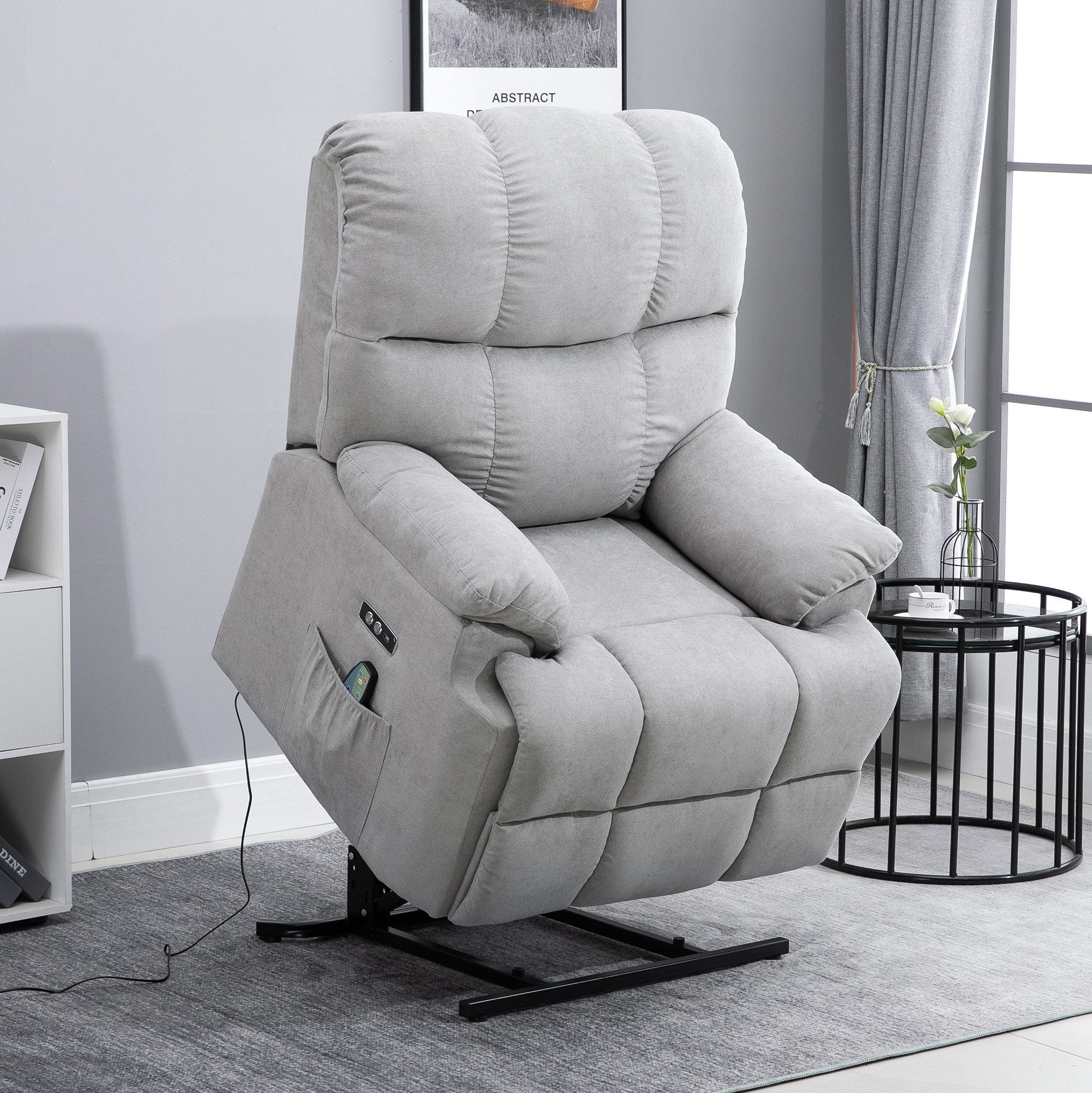 MODFU Massagesessel Fernsehsessel Massagesessel mit Aufstehhilfe Relaxsessel (Packung, 1-St., Liege- und Wärmefunktion, USB Anschluss, verstellbare Position), Grauer Kurzplüsch 83 x 95 x 105 cm, TV Sessel Wohnzimmer