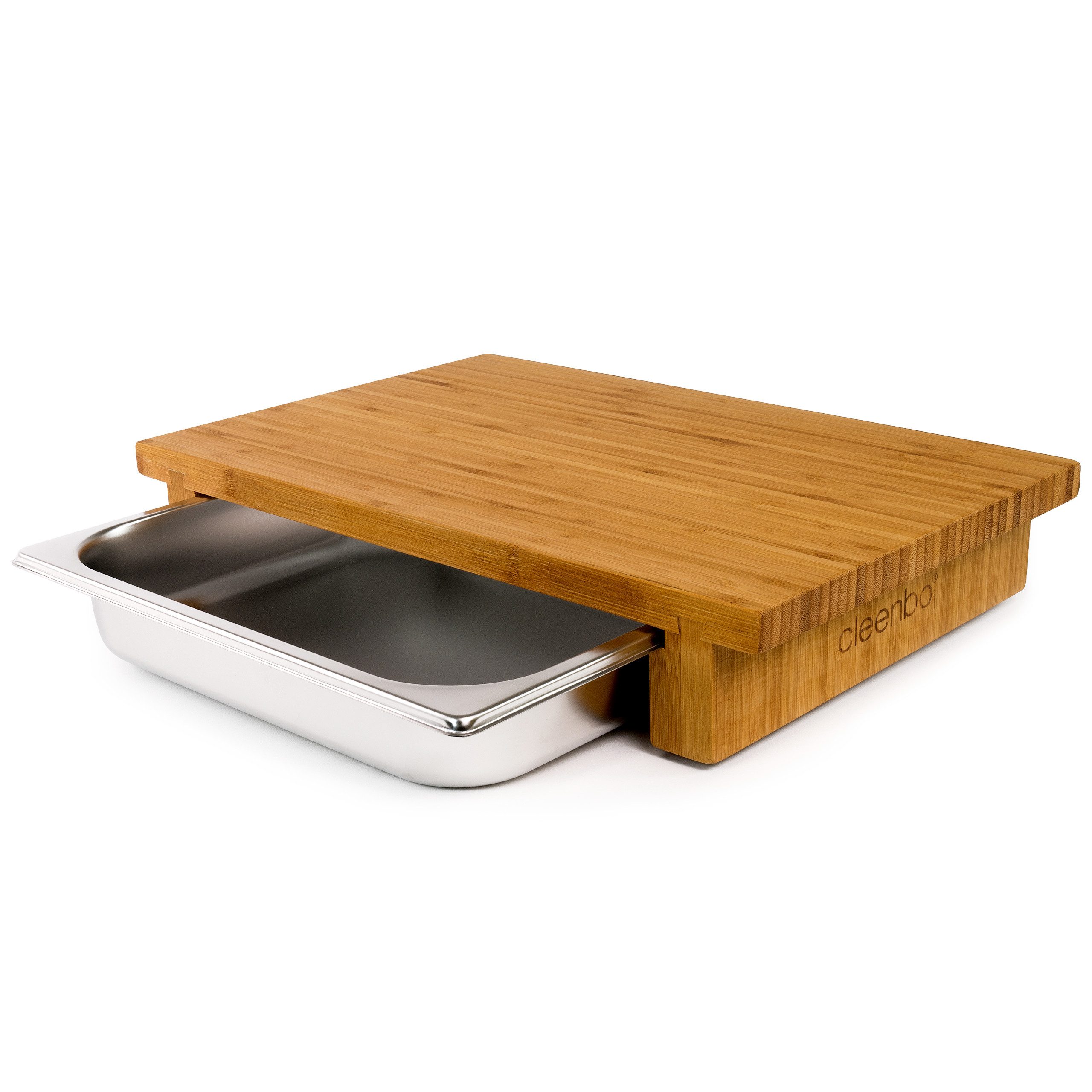 cleenbo Schneidebrett mit Auffangschale - Profi Holz Küchenbrett aus Bambus - 43x29x7,5cm, Holz, Antibakterielles Holzbrett mit Auffangschale aus Edelstahl