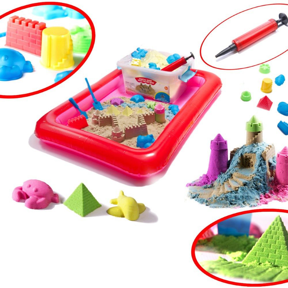KRUZZEL Sandform-Set Sandkasten Deluxe inkl. Formen, (Spielzeugset, Sandkasten-Set: Aufblasbarer Sandkasten, 2 kg Sand, 14 Formen), Kreativer Sand mit vielseitigen Formen