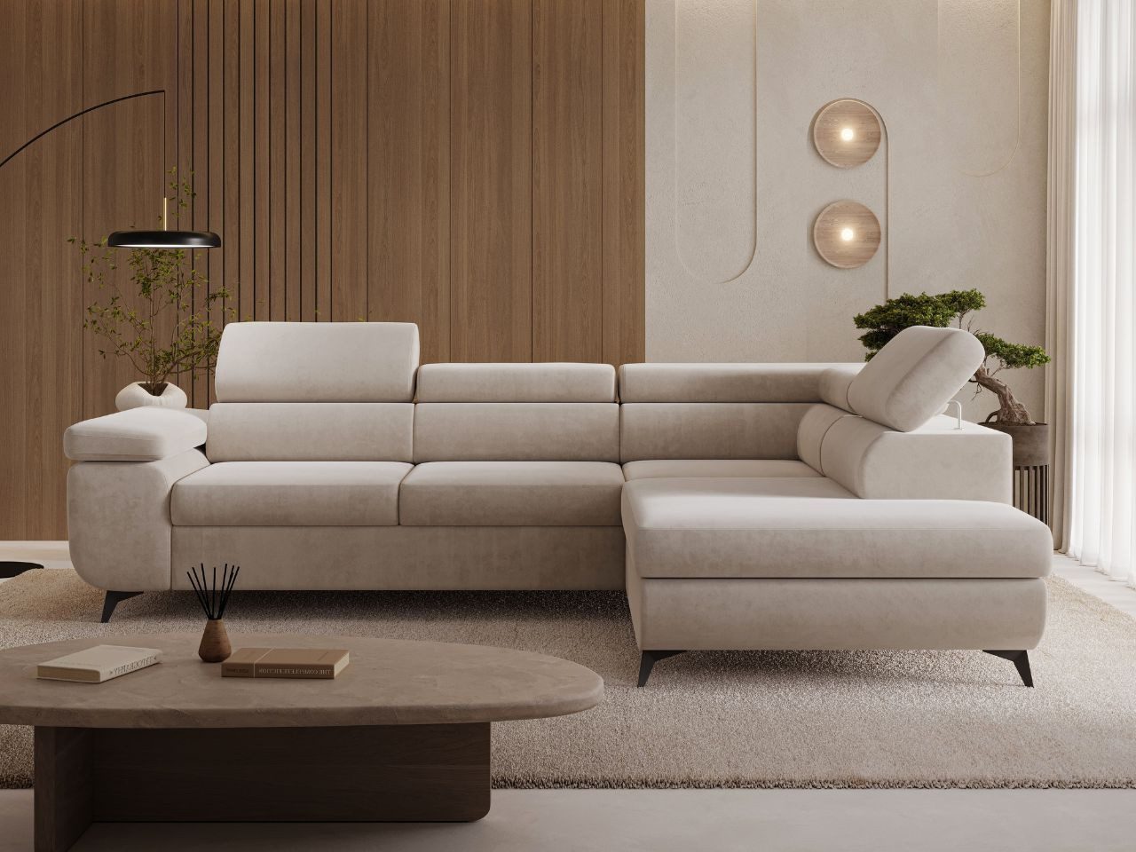 GrainGold Ecksofa L-Form Argon L, Set, Wellenfederkern, Bettkasten, Verstellbare Kopfstützen, Schlaffunktion
